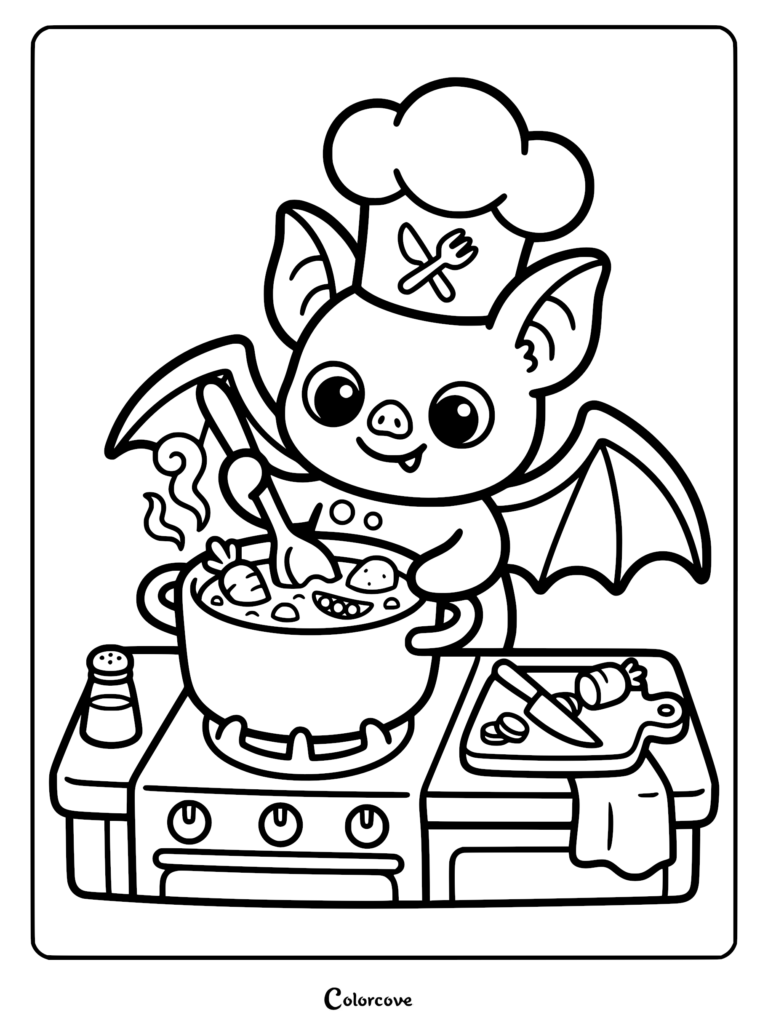 A cute cartoon bat wearing a chef hat stirring a pot of vegetable soup on a stove, coloring page.