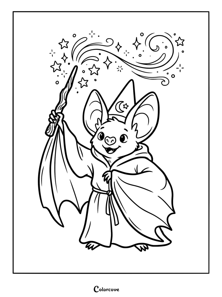 A cute bat wearing a wizard hat and robe casting a magic spell with a wand, surrounded by stars and swirls in this printable coloring page.