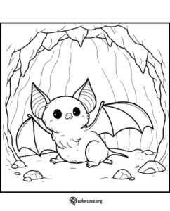 Cute cartoon bat in cave coloring page, perfect for kids' activities and Halloween-themed fun – printable from colorcove.org.