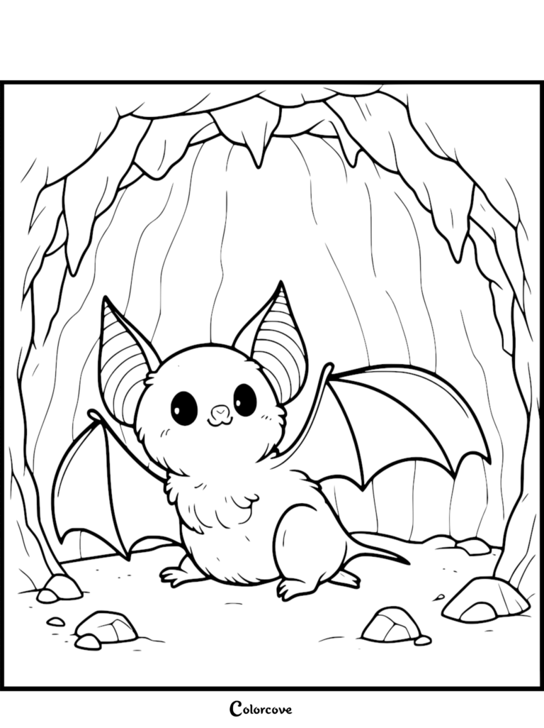 A cute cartoon bat with large ears and wide eyes standing inside a rocky cave, printable coloring page.