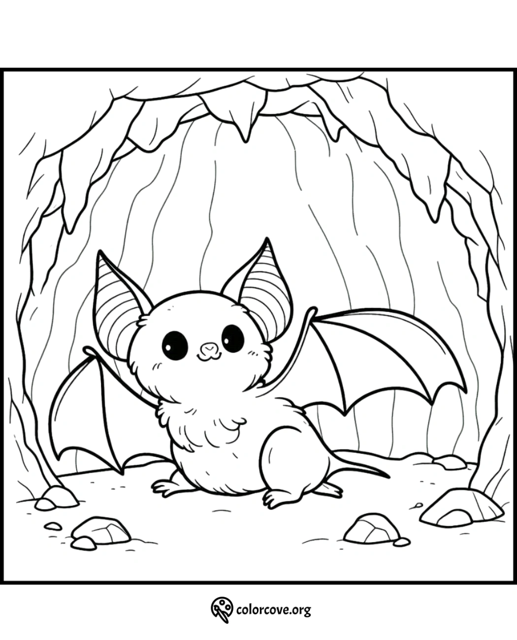 Cute cartoon bat in cave coloring page, perfect for kids' activities and Halloween-themed fun – printable from colorcove.org.