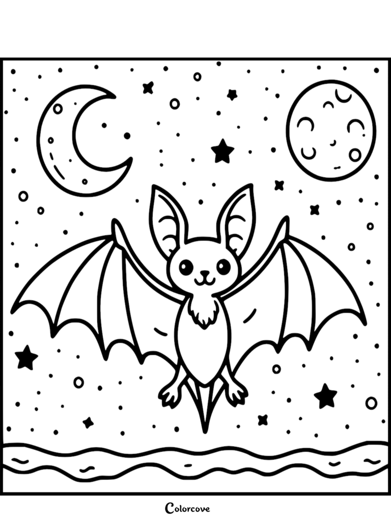 A simple coloring page featuring a cute cartoon bat flying under a crescent moon and full moon with stars in the night sky.