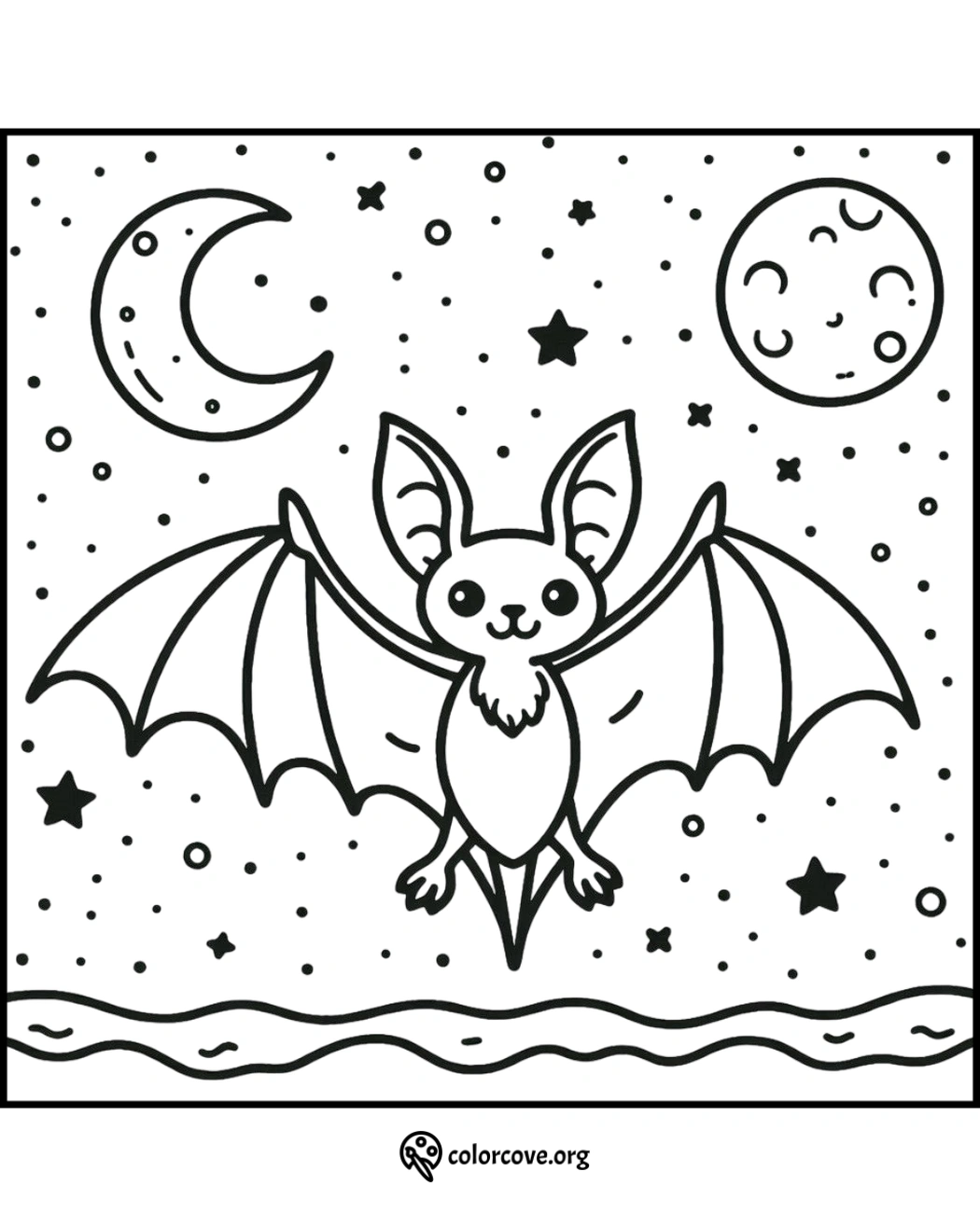 Cute bat flying at night coloring page with moon, stars, and dotted sky. Fun and creative activity for kids.