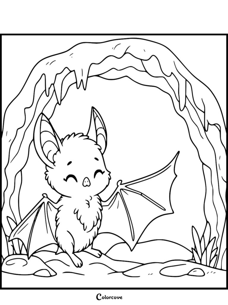 A happy, fluffy bat with large ears standing inside a rocky cave, printable coloring page.