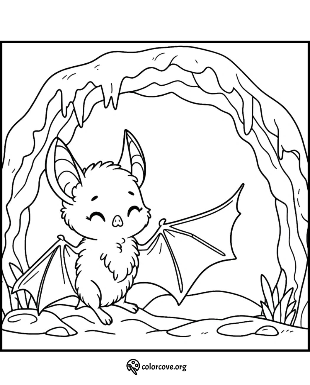 Cute bat coloring page for kids, featuring a happy bat inside a cave with stalactites and rocks. Perfect for Halloween fun!