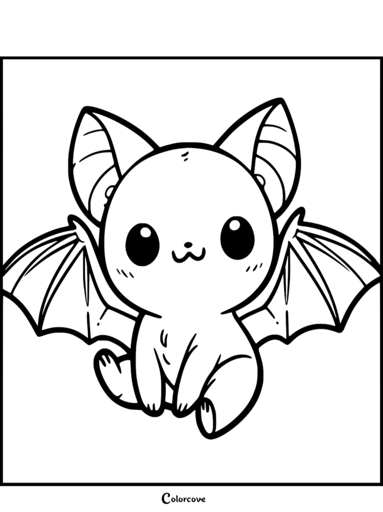 A simple line art coloring page of a small kawaii bat with large eyes and spread wings sitting down.