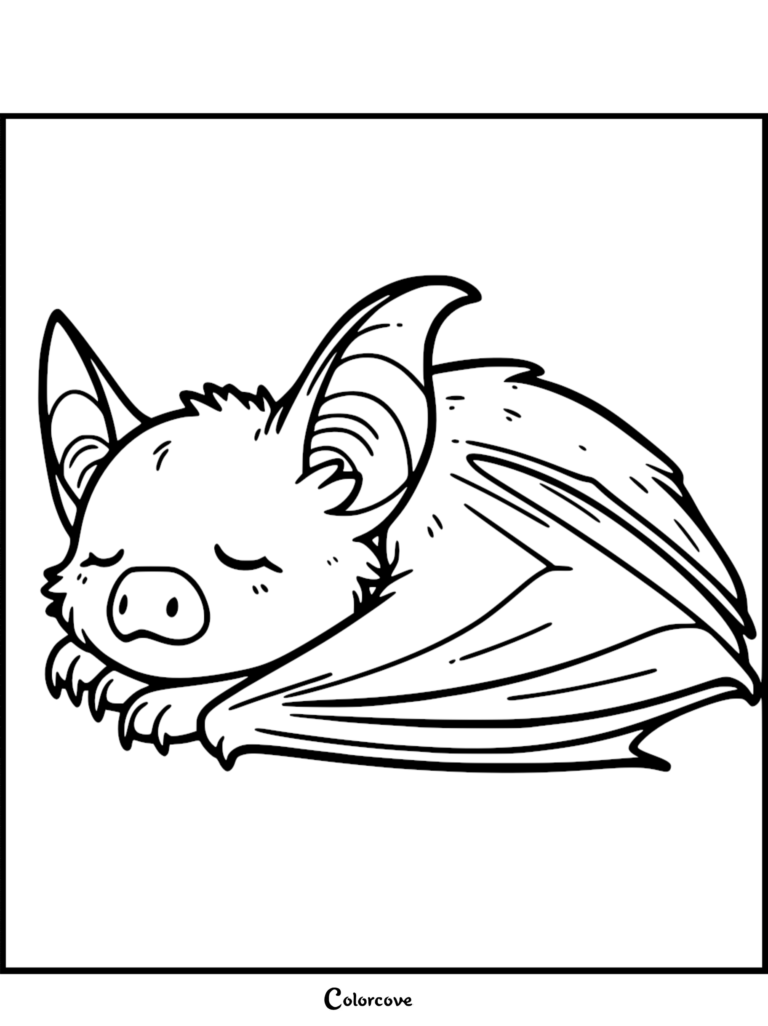 A cute cartoon bat with large ears sleeping curled up in its wings, presented as a simple black and white coloring page.