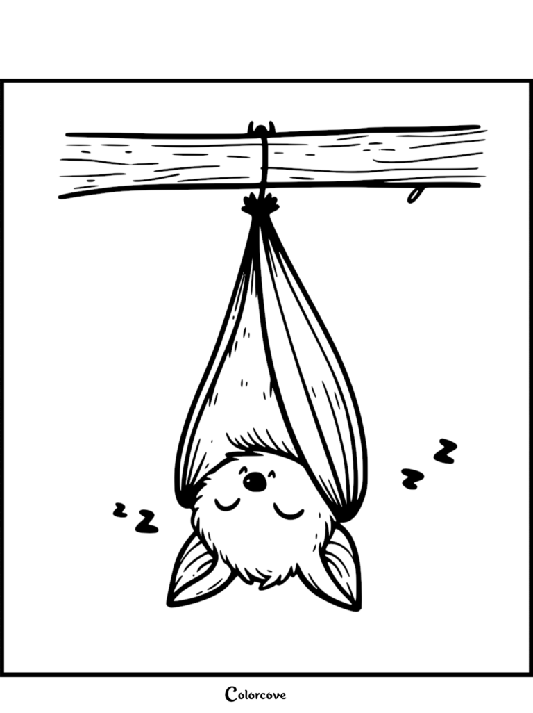 A cute cartoon bat hanging upside down from a tree branch while sleeping, featured in a simple black and white coloring page.