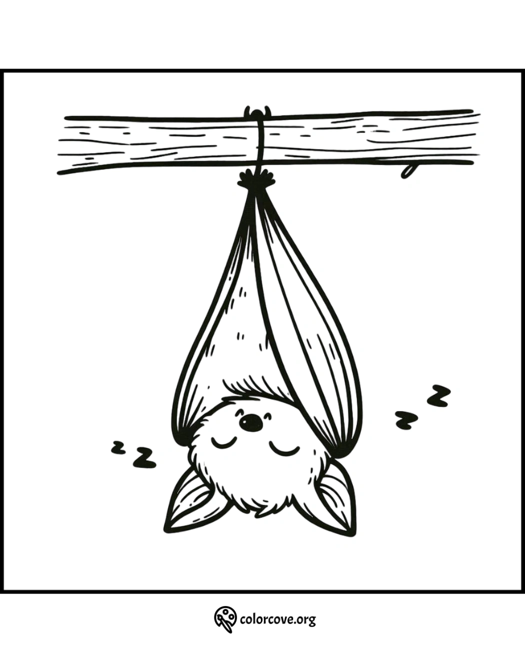 Cute bat sleeping upside down coloring page - Printable coloring pages for kids - forest animals coloring activity.