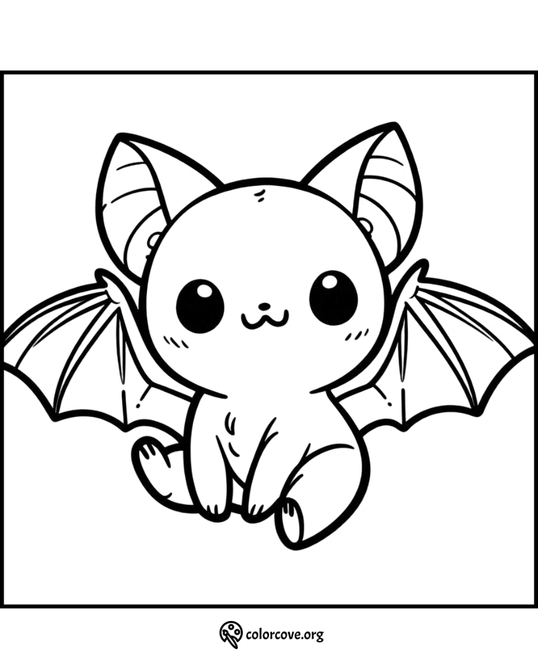 Cute bat coloring page for kids featuring an adorable bat with big eyes and wings ready to be colored.