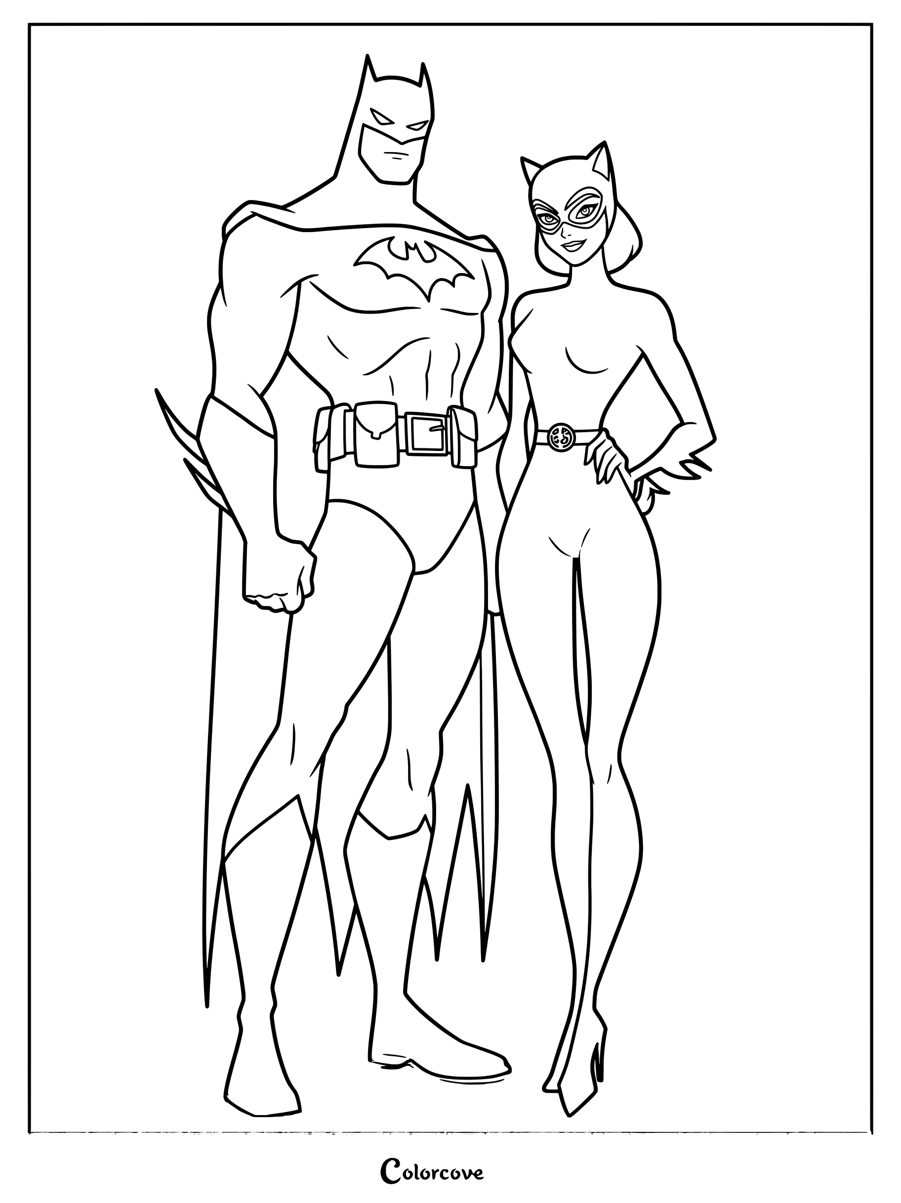 Coloriage de Batman et Catwoman debout côte à côte dans un style animé.