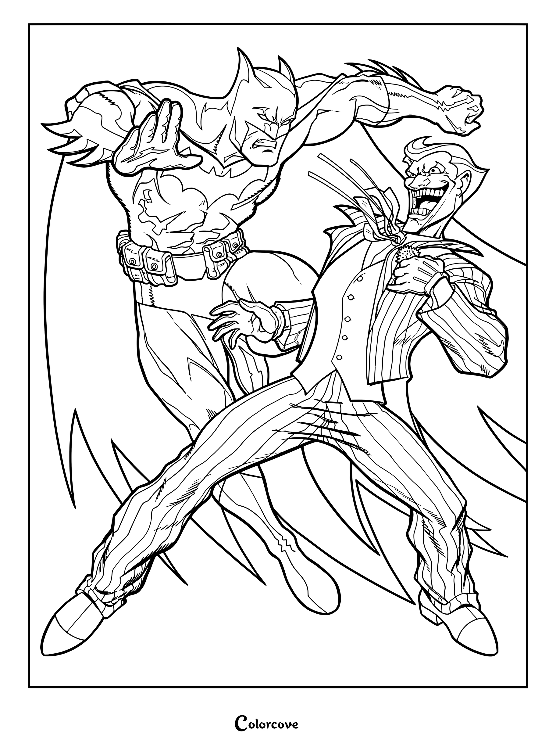 Un coloriage dynamique de Batman montrant Batman s'élançant pour donner un coup de pied au Joker, qui esquive en arrière dans un style de bande dessinée rétro.
