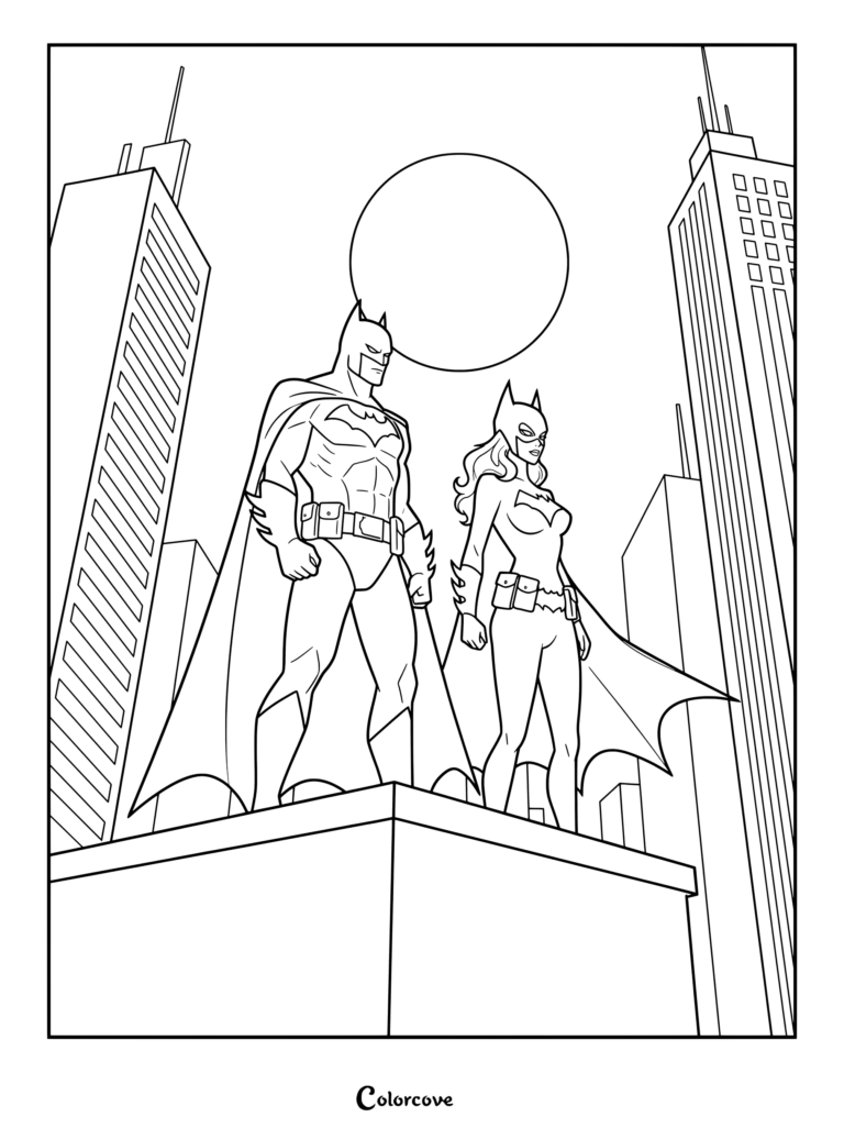 Coloriage de Batman et Batgirl (Barbara Gordon) debout sur un toit à Gotham City sous une pleine lune.