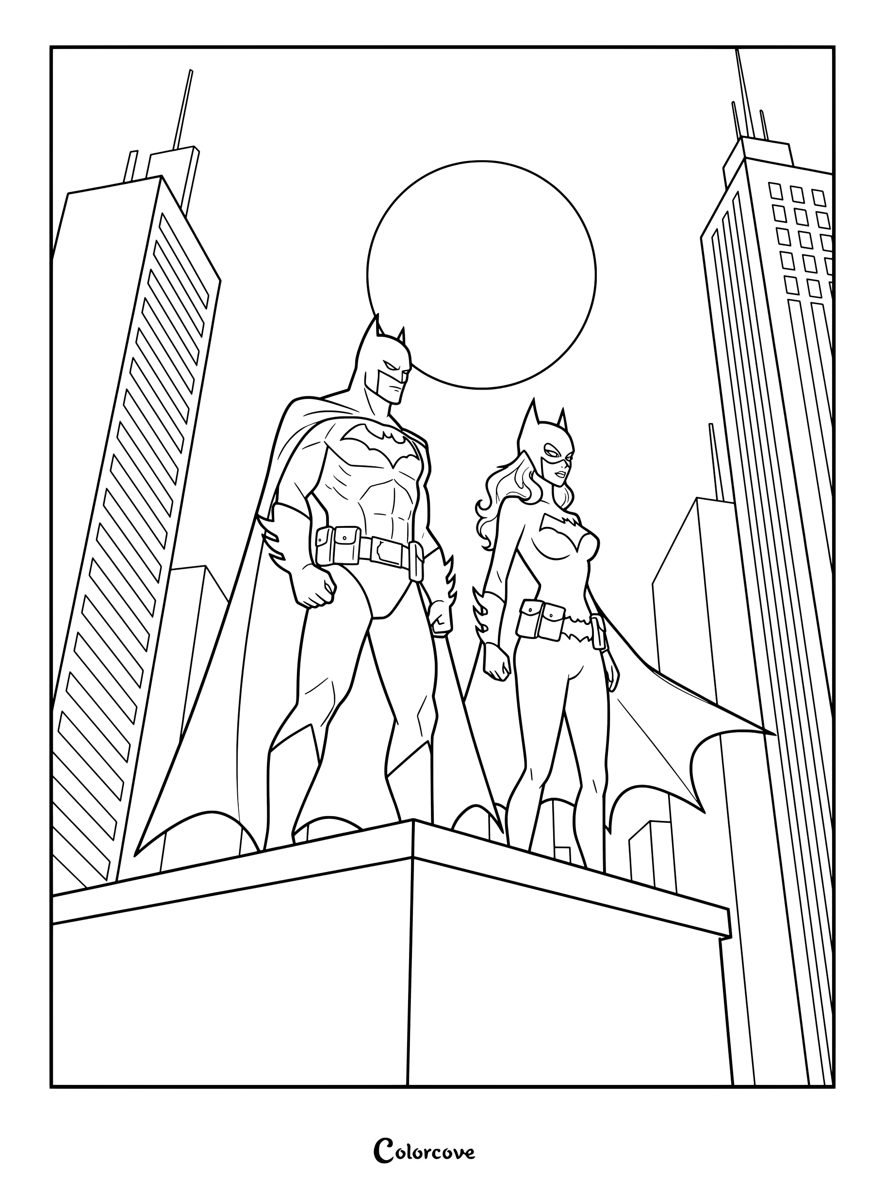 Coloriage de Batman et Batgirl (Barbara Gordon) debout sur un toit à Gotham City sous une pleine lune.
