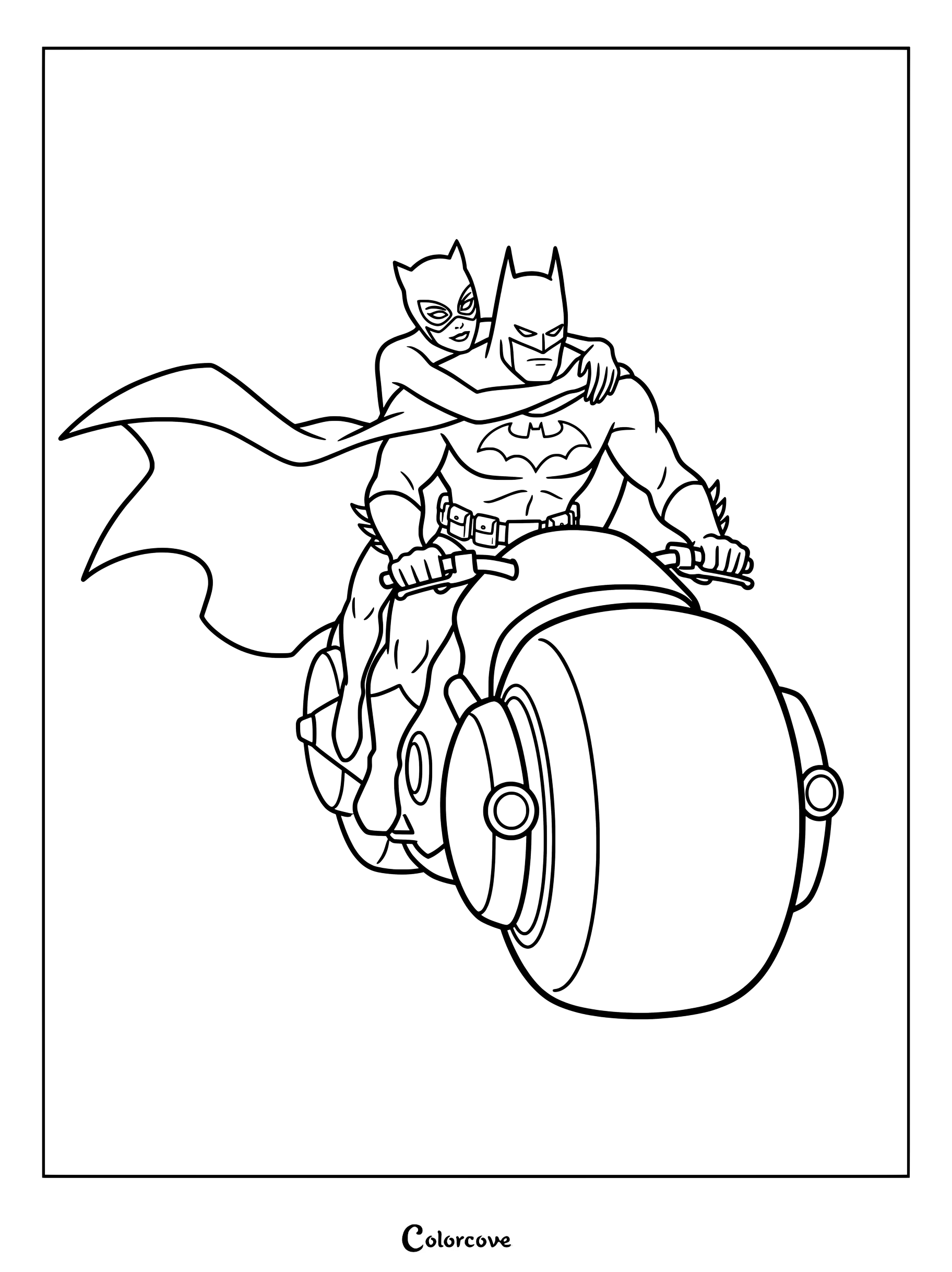 Coloriage de Batman et Catwoman pilotant ensemble une lourde moto futuriste.