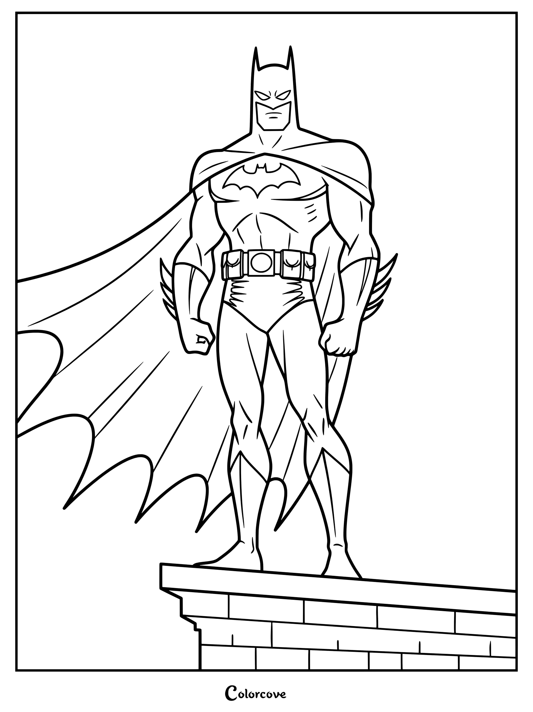 Coloriage à imprimer de Batman conçu dans le style artistique emblématique de Batman The Animated Series, debout sur un toit.