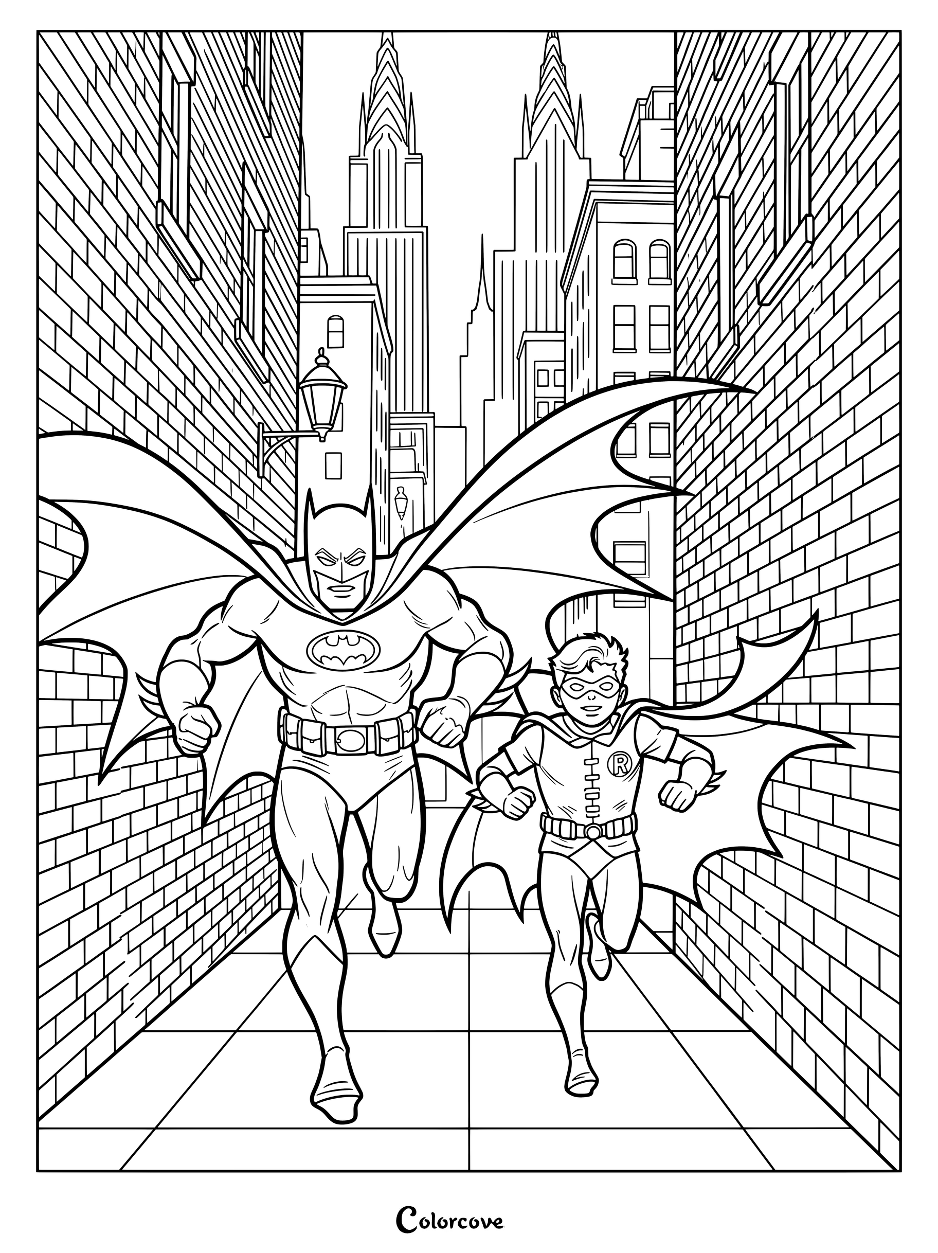 Coloriage de Batman et Robin courant dans une ruelle de Gotham City la nuit.