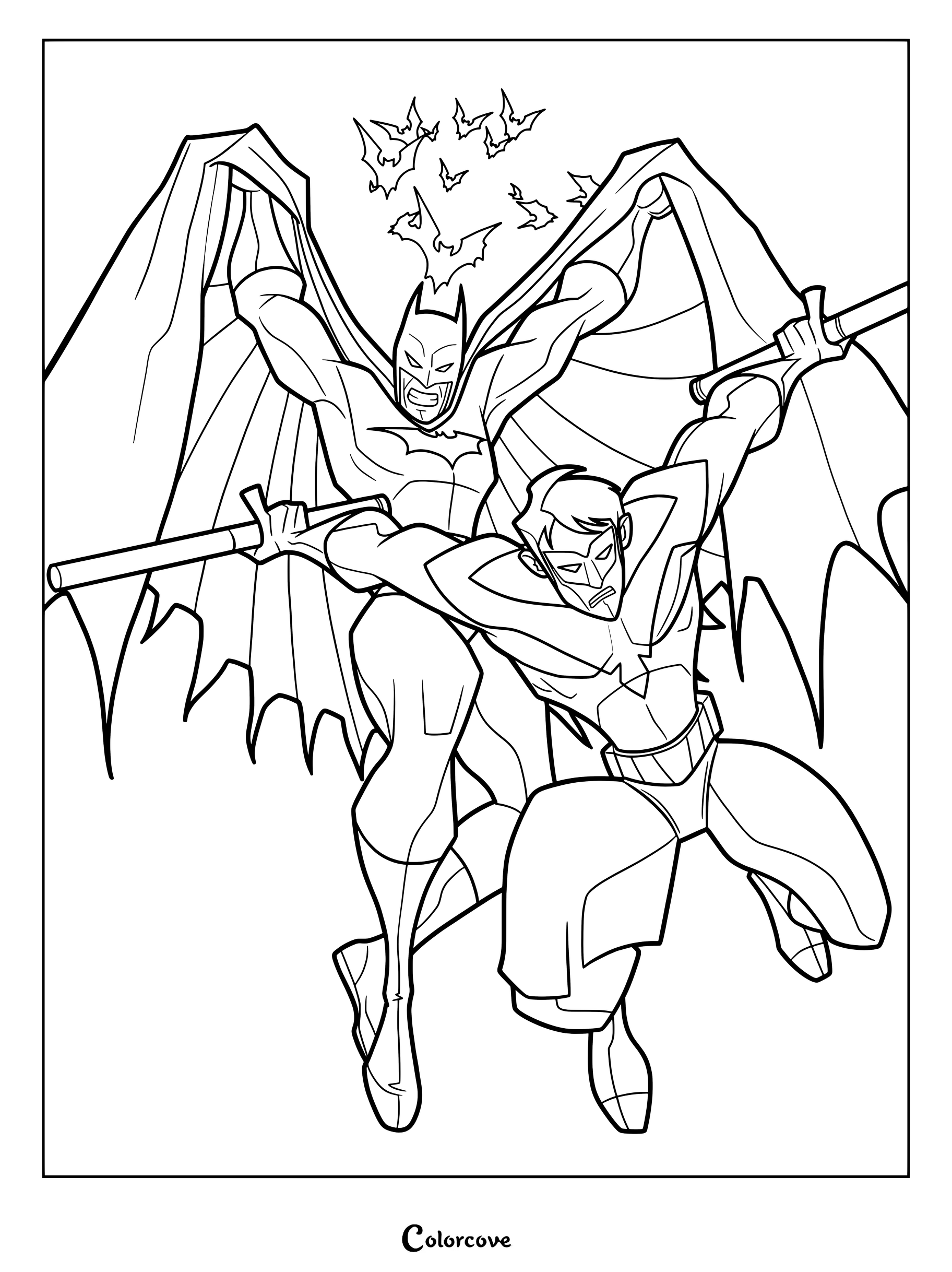 Coloiorage de Batman et Nightwing dans le style artistique anguleux de la série animée The Batman, avec des poses d'action dynamiques et des chauves-souris en vol.