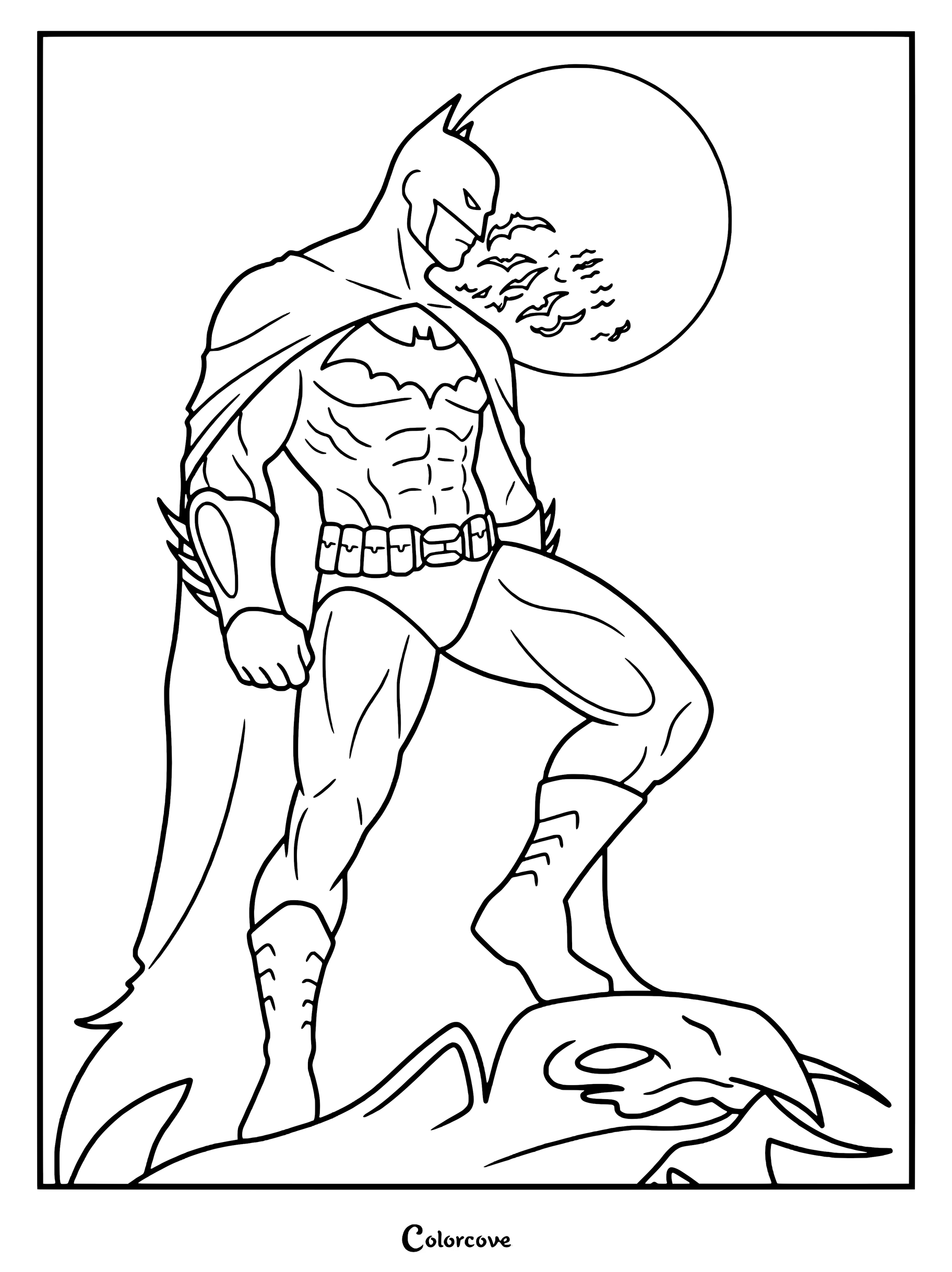 Coloriage à imprimer de Batman debout sur une gargouille sur fond de ciel nocturne avec une grande pleine lune et des chauves-souris en vol.