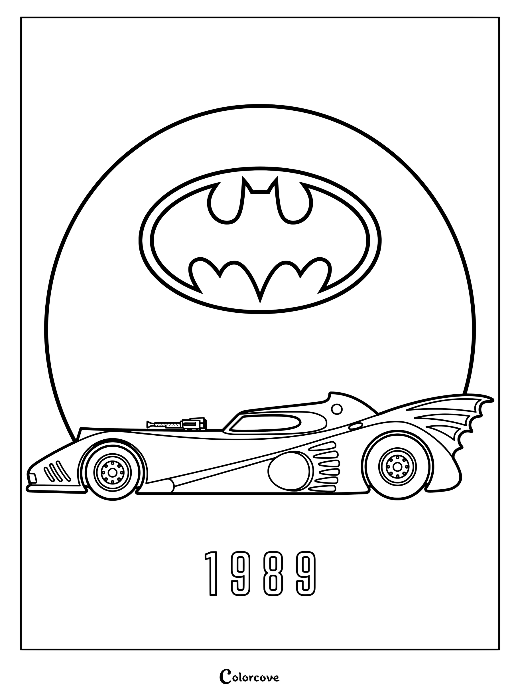 Un coloriage représentant la Batmobile de 1989 des films Batman de Tim Burton sur un fond de logo de Batman.