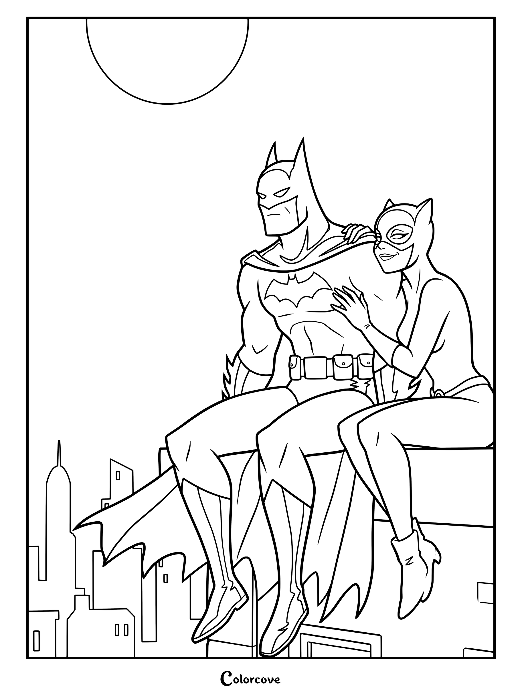 Coloriage de Batman et Catwoman assis ensemble sur un toit de Gotham City sous une pleine lune.
