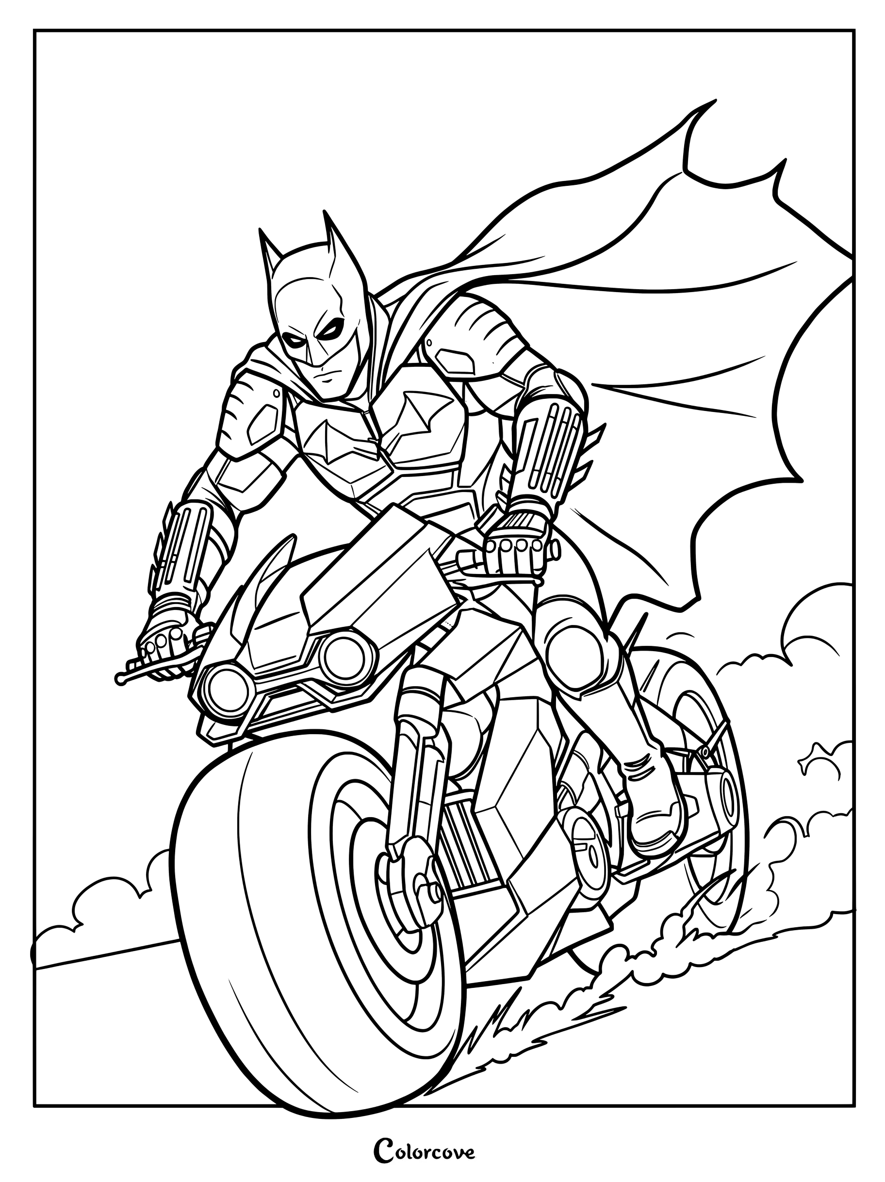 Coloriage de Batman le montrant en train de piloter une lourde moto noire stylisée.