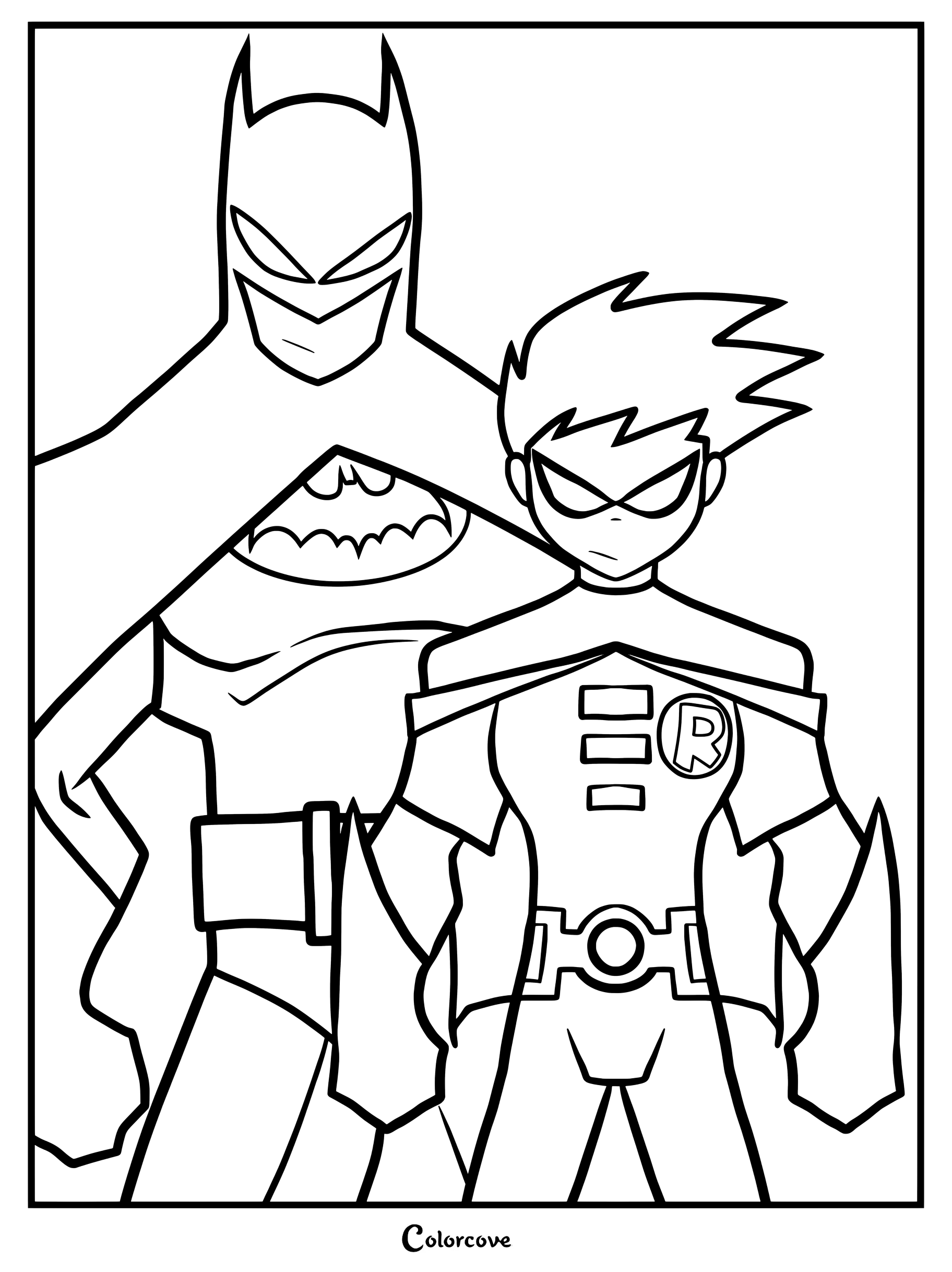 Coloriage de Batman de la série animée de 2004 The Batman aux côtés de Robin de la série Teen Titans de 2003, côte à côte.