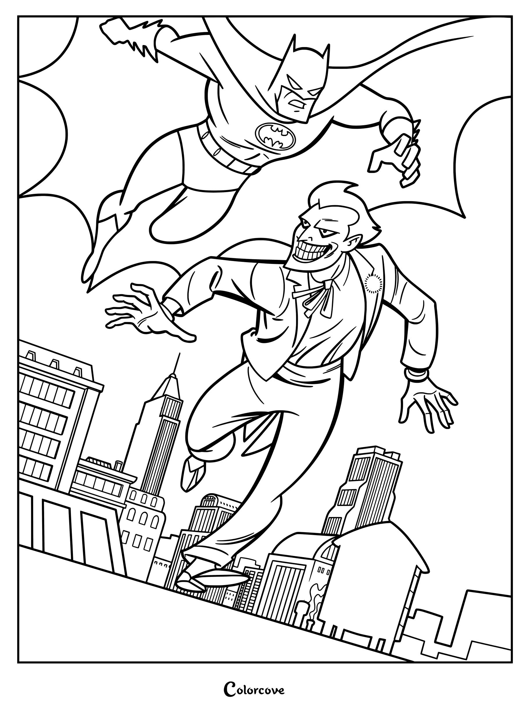 Coloriage de Batman montrant Le Joker courant sur un toit de Gotham City, avec Batman plongeant du ciel derrière lui dans un style animé classique.