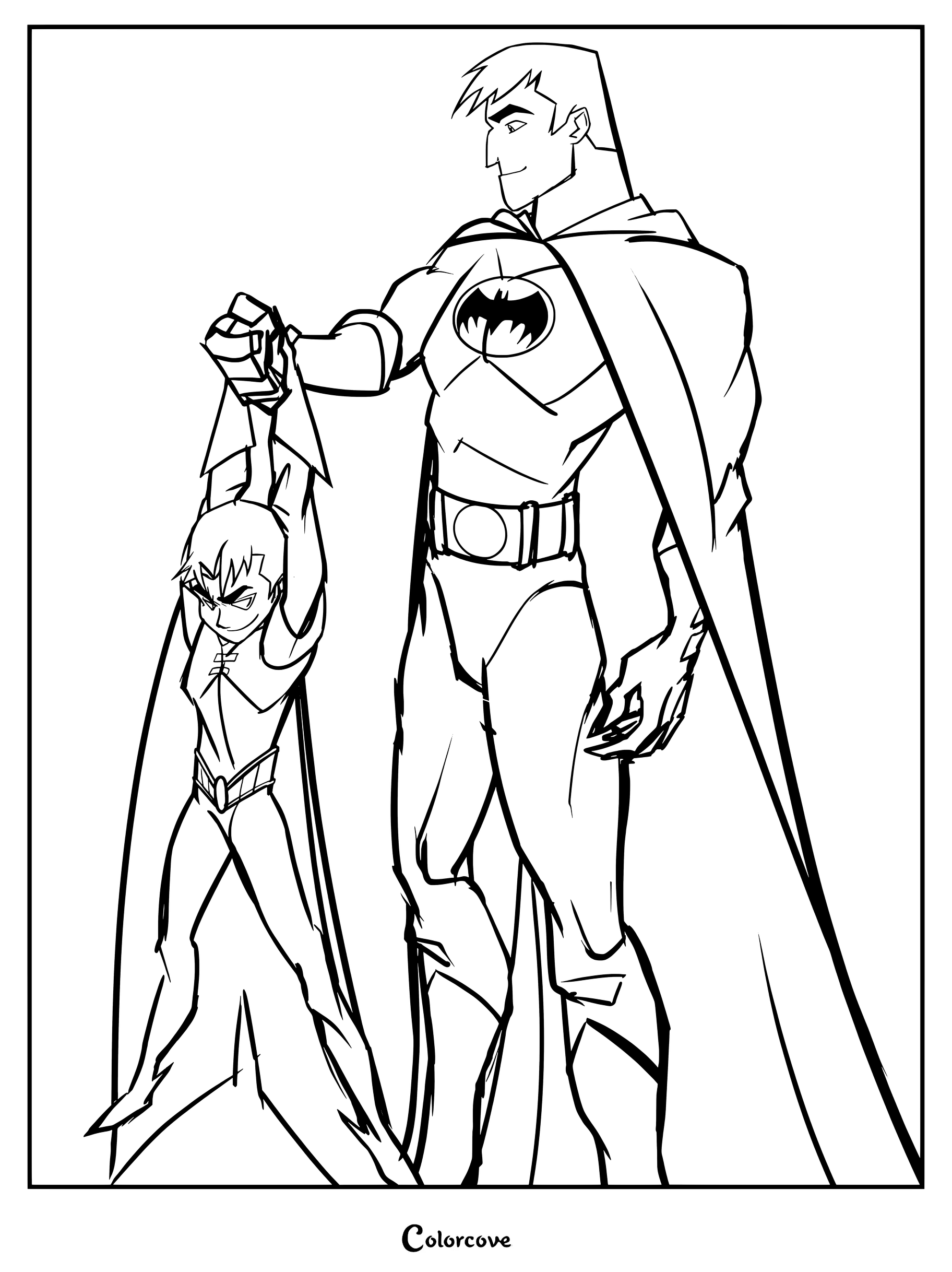 Coloriage gratuit à imprimer de Batman montrant Bruce Wayne soulevant un jeune Dick Grayson par les bras dans un style animé inspiré de The Batman.