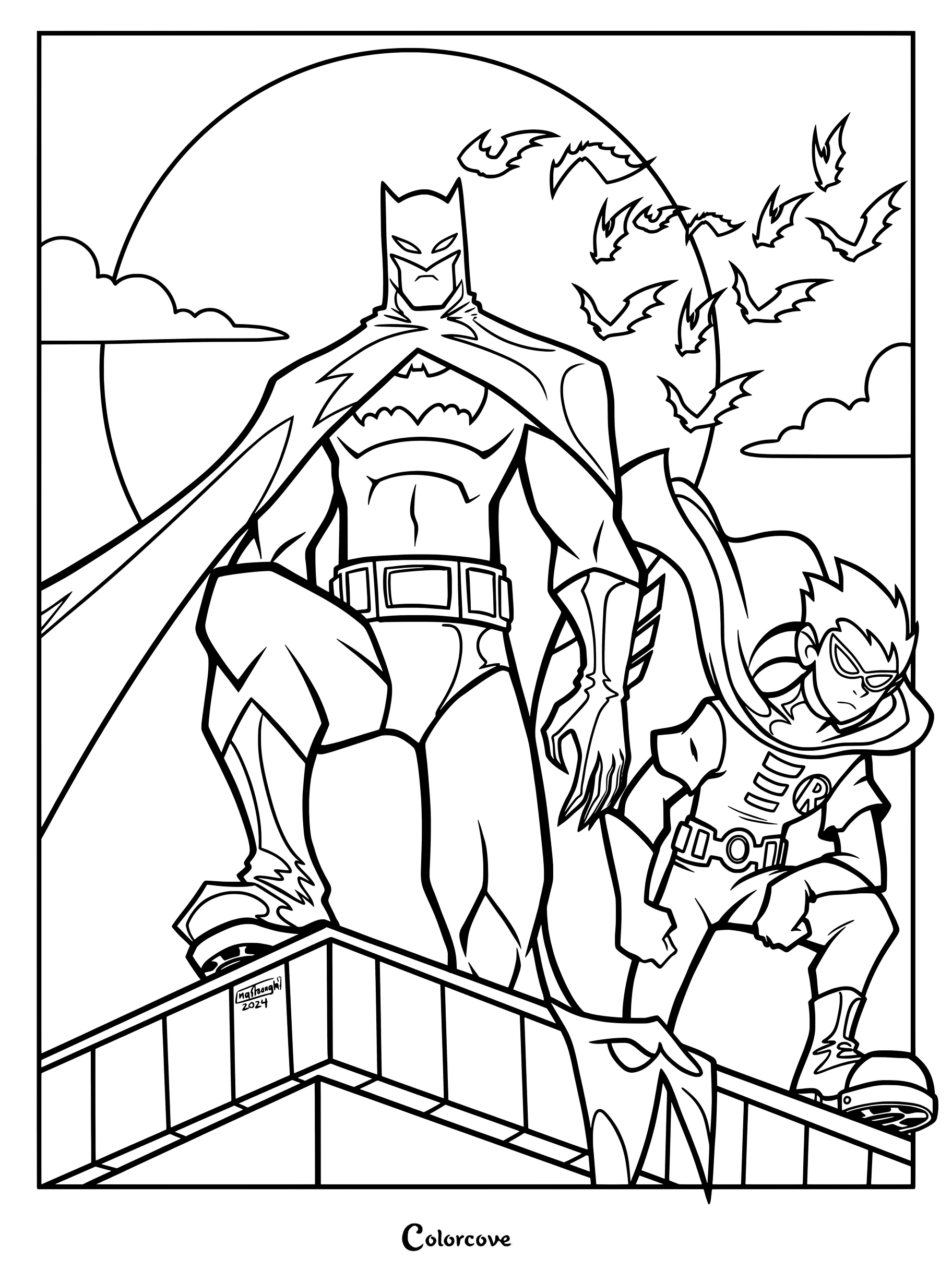 Page de coloriage de fan art numérique de Batman de la série animée de 2004 The Batman aux côtés de Robin de la série Teen Titans de 2003, debout sur un toit devant une grande lune avec des chauves-souris en vol.