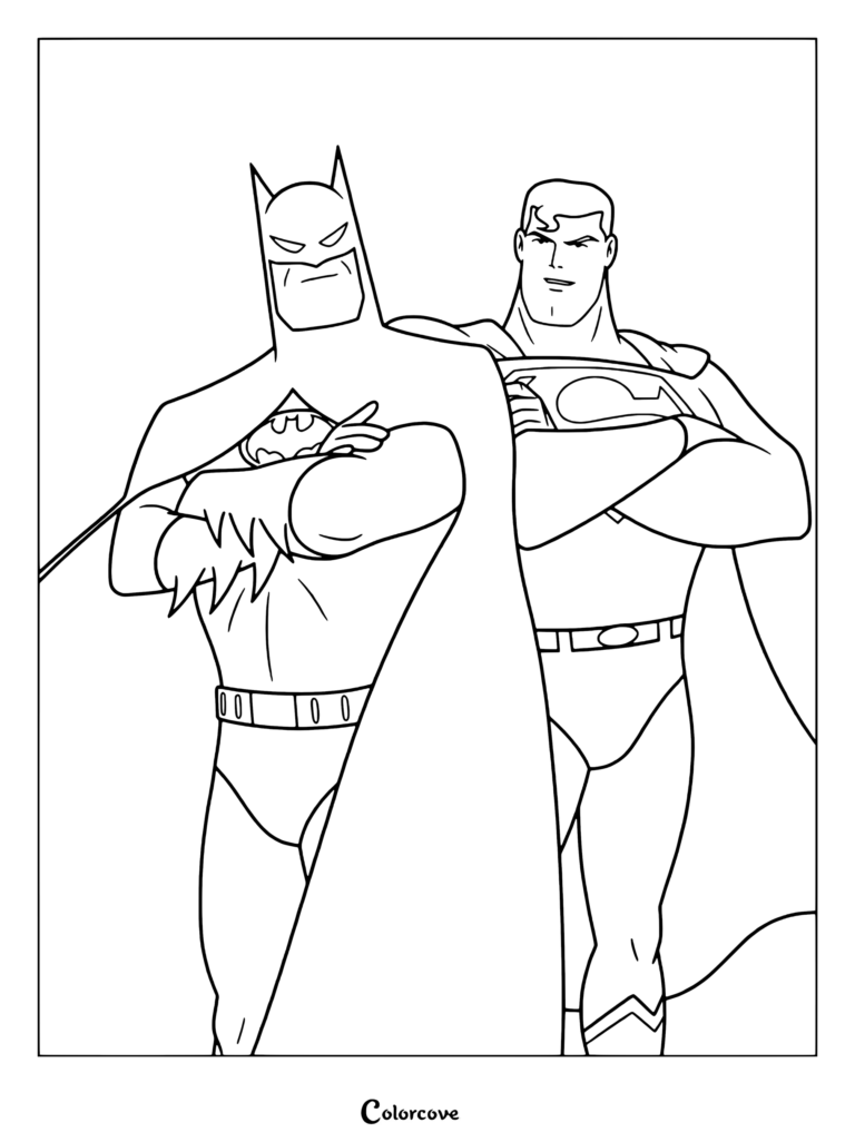 Page de coloriage à imprimer représentant Batman et Superman dessinés dans le style animé classique des années 1990 du producteur Bruce Timm.