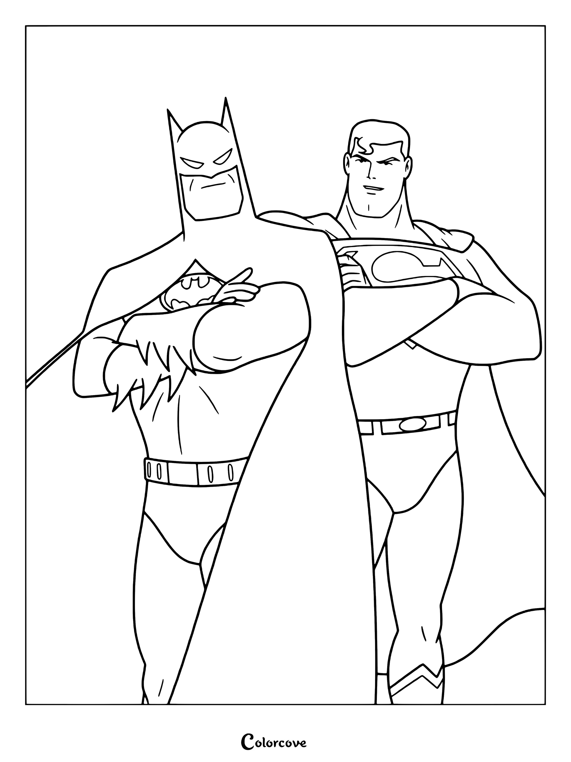 Page de coloriage à imprimer représentant Batman et Superman dessinés dans le style animé classique des années 1990 du producteur Bruce Timm.