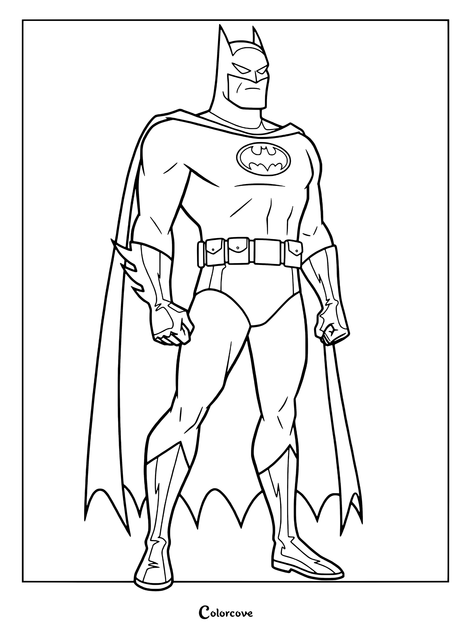 Coloriage de Batman à imprimer présentant le style artistique animé classique des années 1990 de Bruce Timm.
