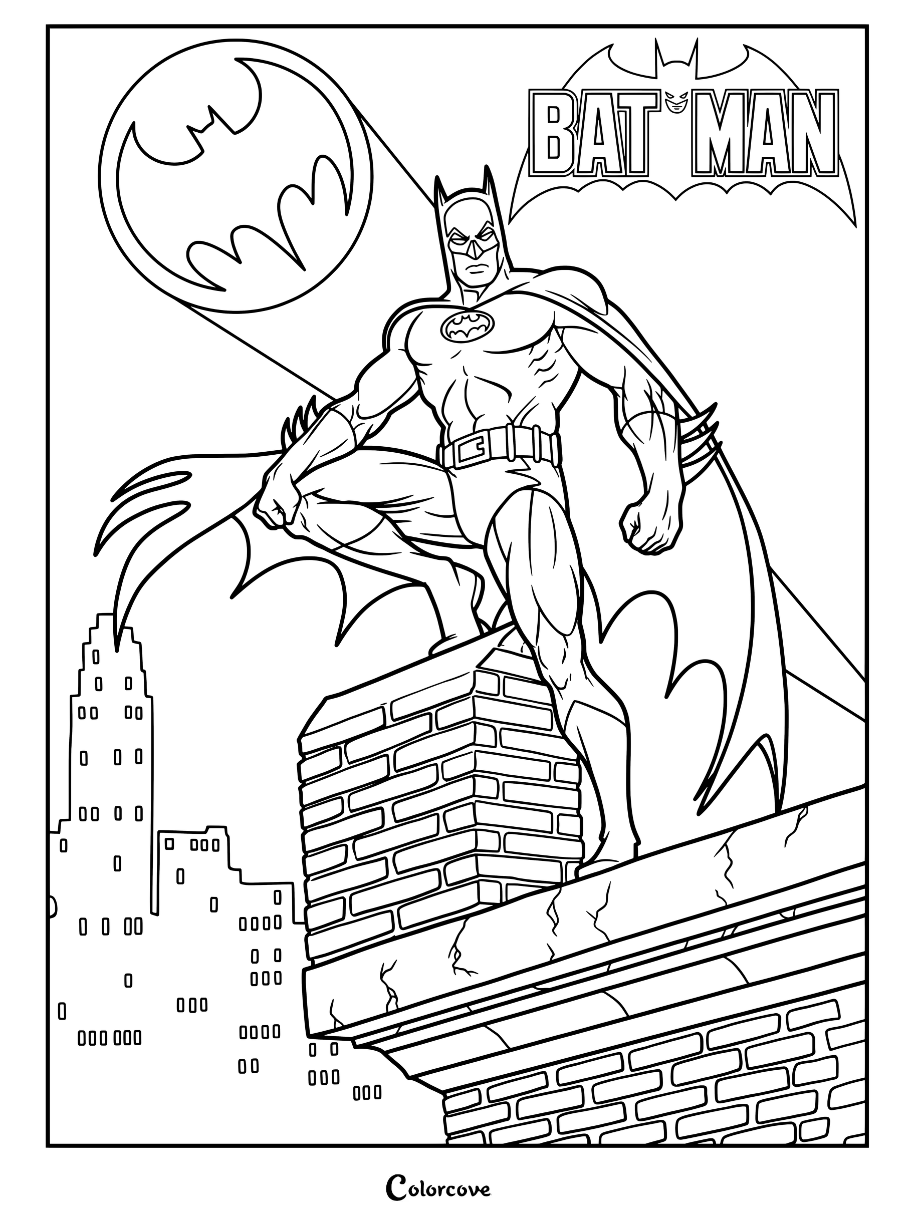 Coloriage de Batman montrant une affiche promotionnelle de style vintage de Batman dans son costume classique bleu et gris debout sur un toit.