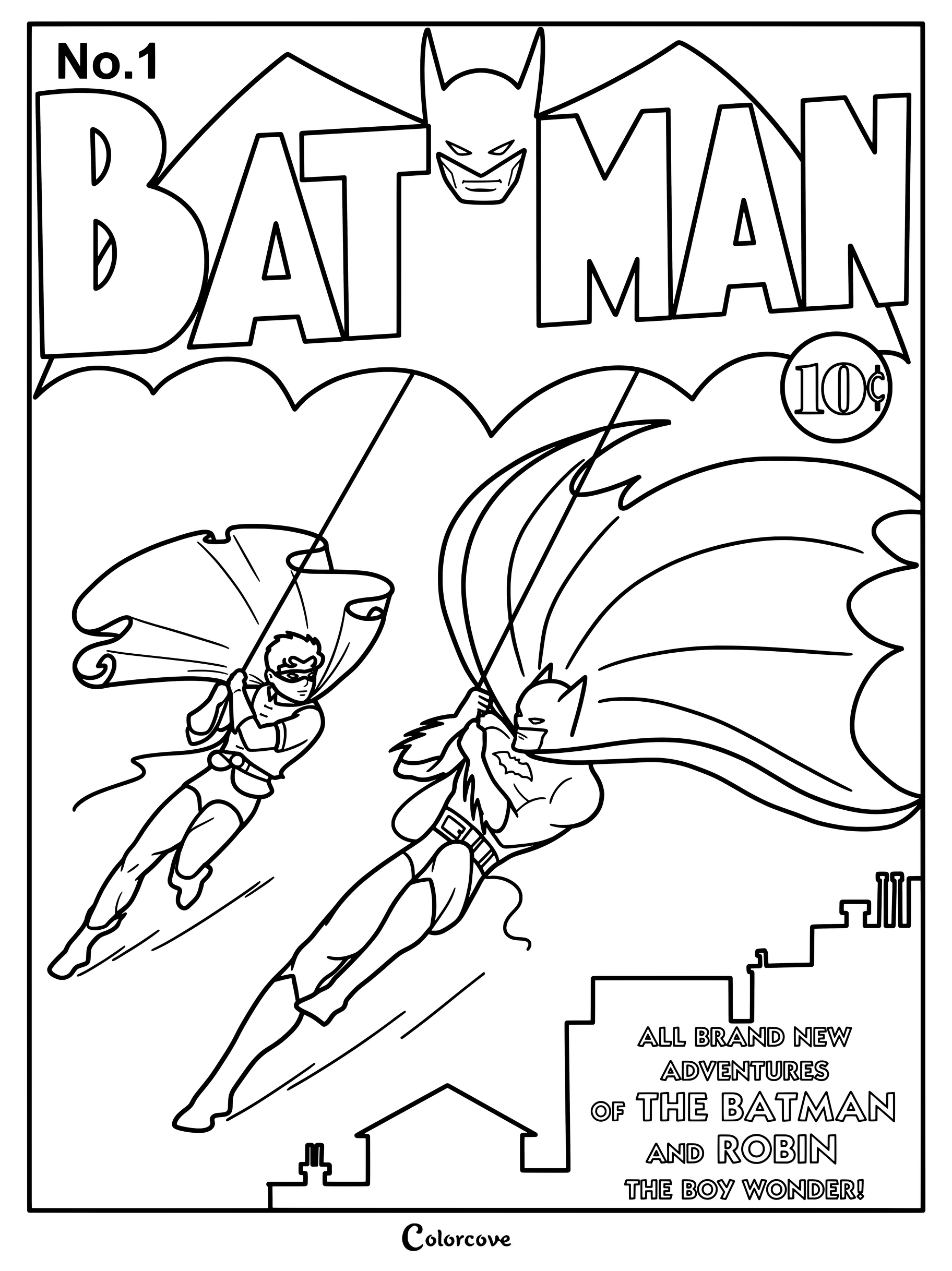 Page de coloriage de la couverture de Batman and Robin #1 basée sur l'illustration du comic book de 1940