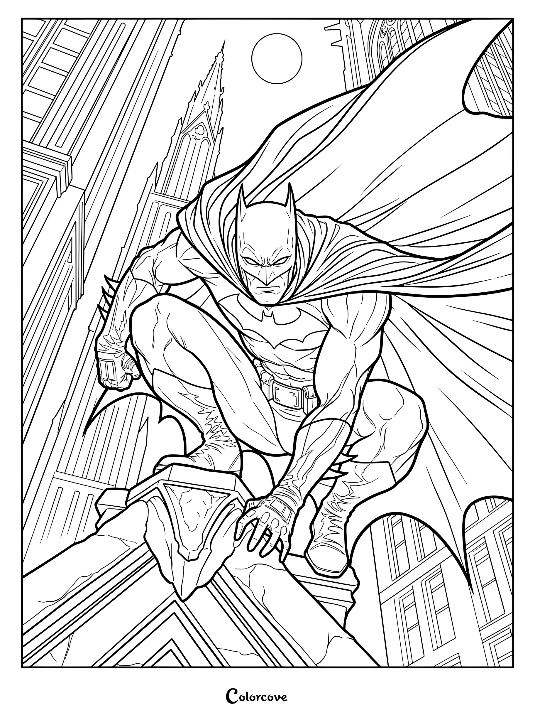 Coloriage d'illustration numérique de Batman sur un toit surplombant Gotham City.