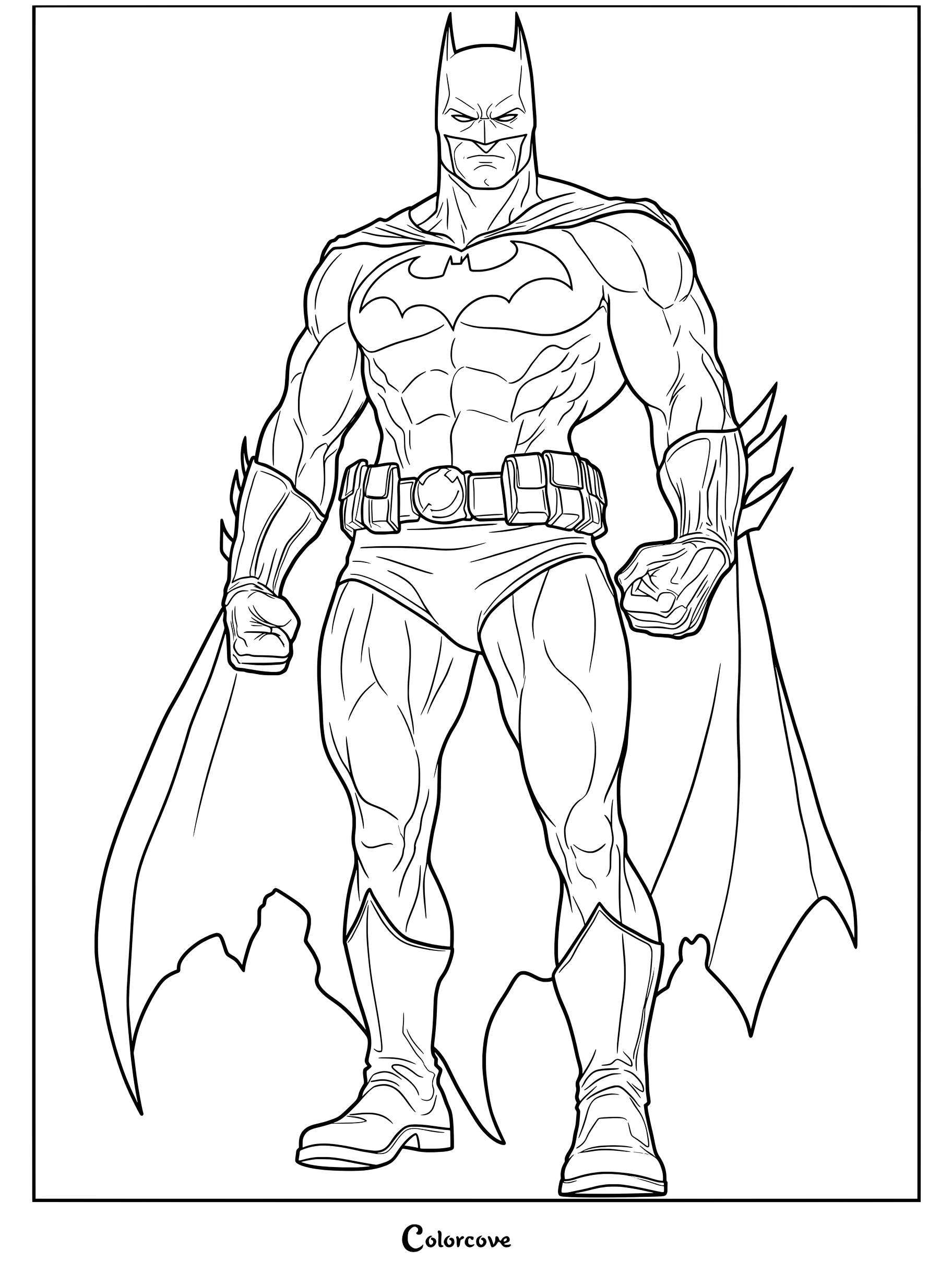 Coloriage de Batman inspiré du style de bande dessinée moderne de l'artiste DC Jason Fabok, présentant une pose puissante en pied.
