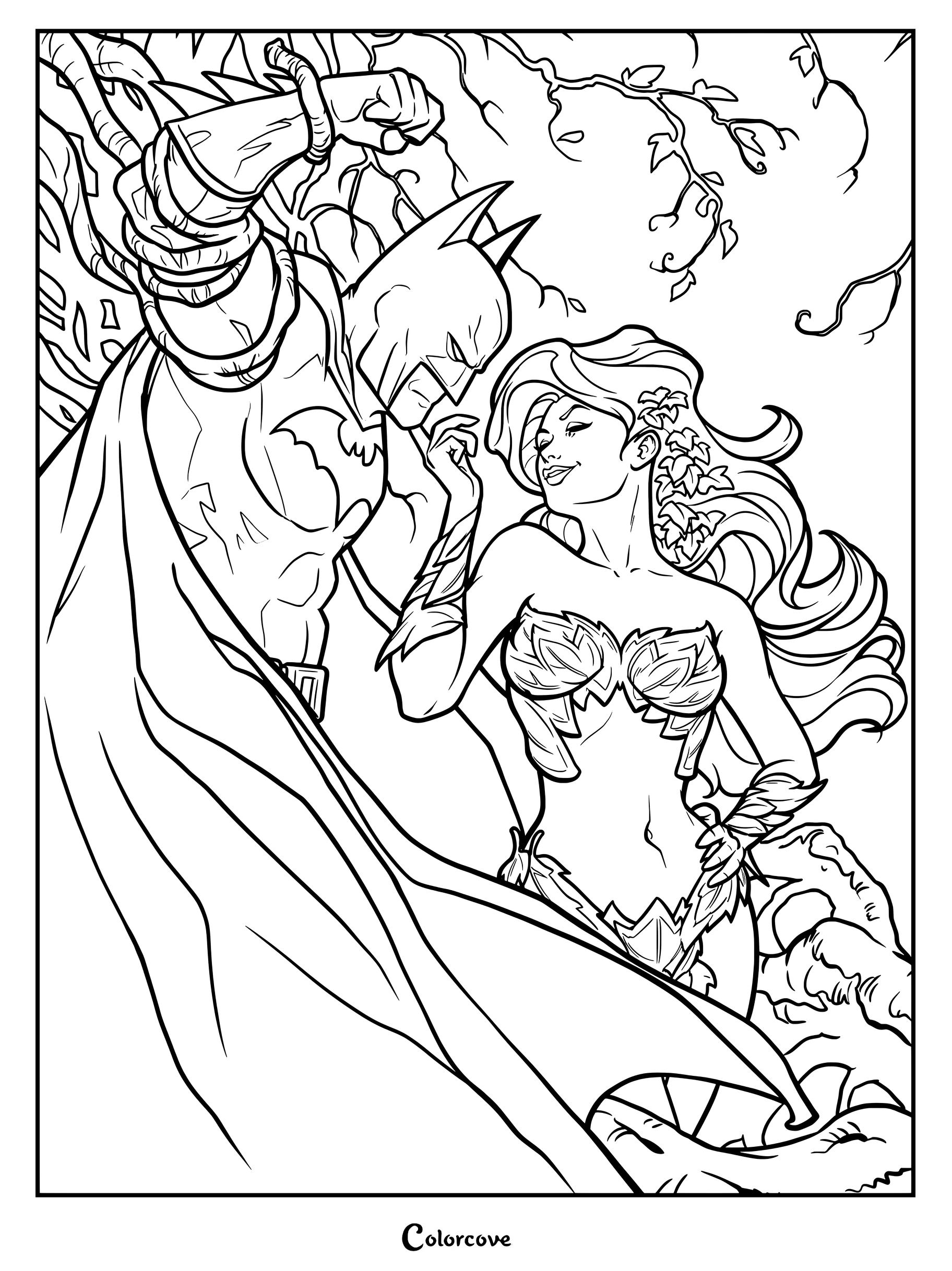 Coloriage de Batman et Poison Ivy représentant Poison Ivy touchant le visage de Batman sous un arbre.