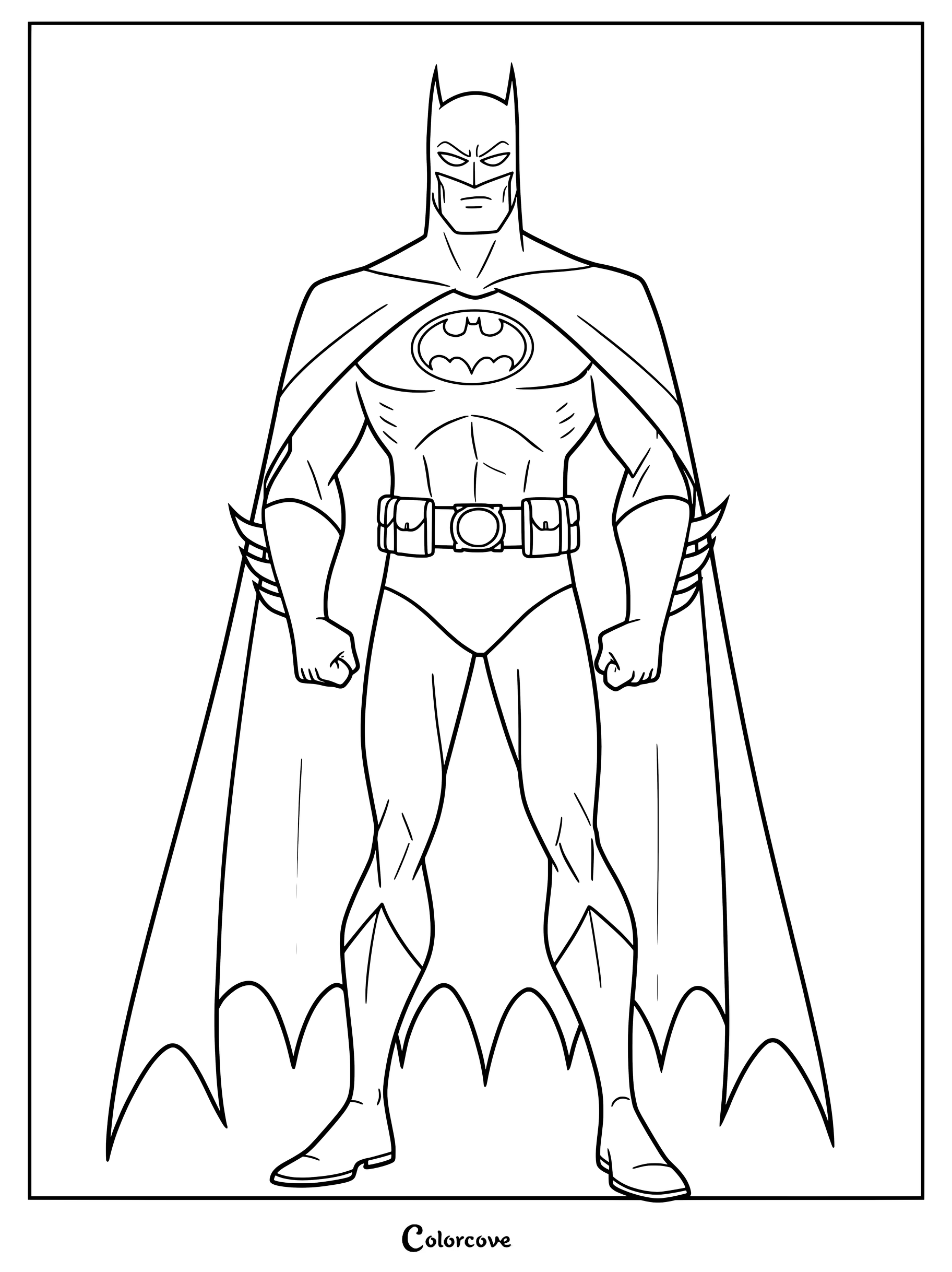 Coloriage de Batman montrant le héros dans une posture héroïque avec sa cape grande ouverte.