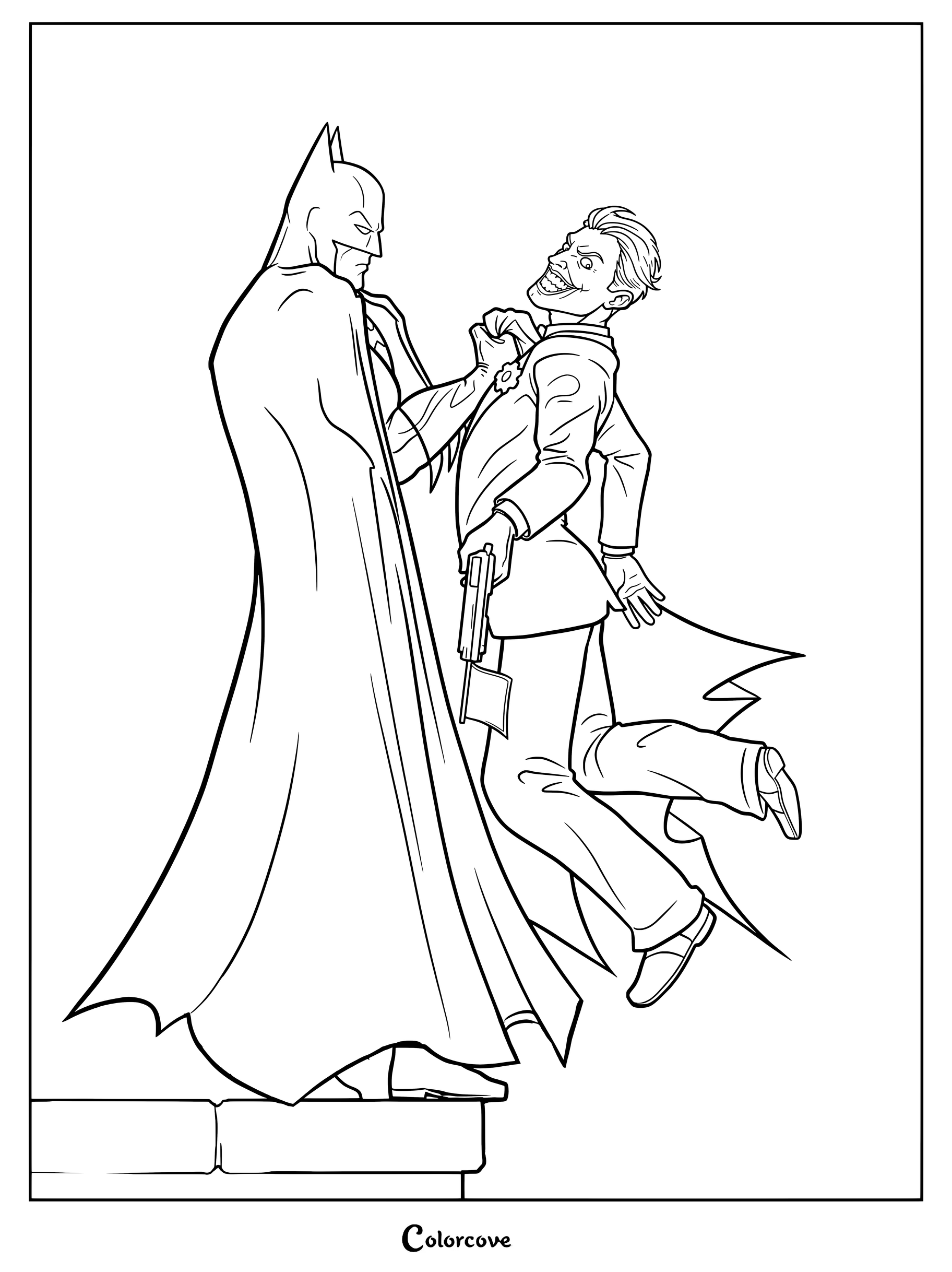 Coloriage à imprimer représentant Batman tenant Le Joker au-dessus du rebord d'un bâtiment.