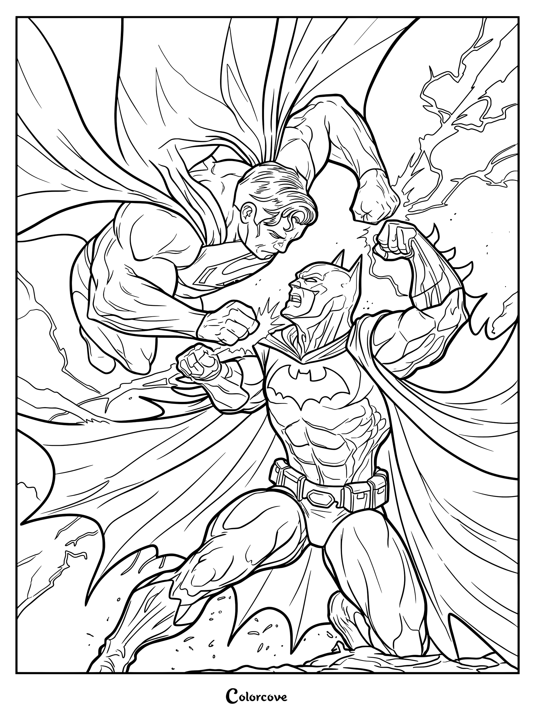 Coloriage d'une bataille épique entre Batman et Superman avec des poses dynamiques.