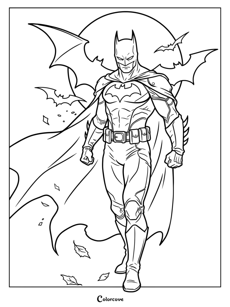 Coloriage de Batman montrant une illustration numérique artistique de Batman se tenant devant un grand cercle rouge avec des silhouettes de chauves-souris.