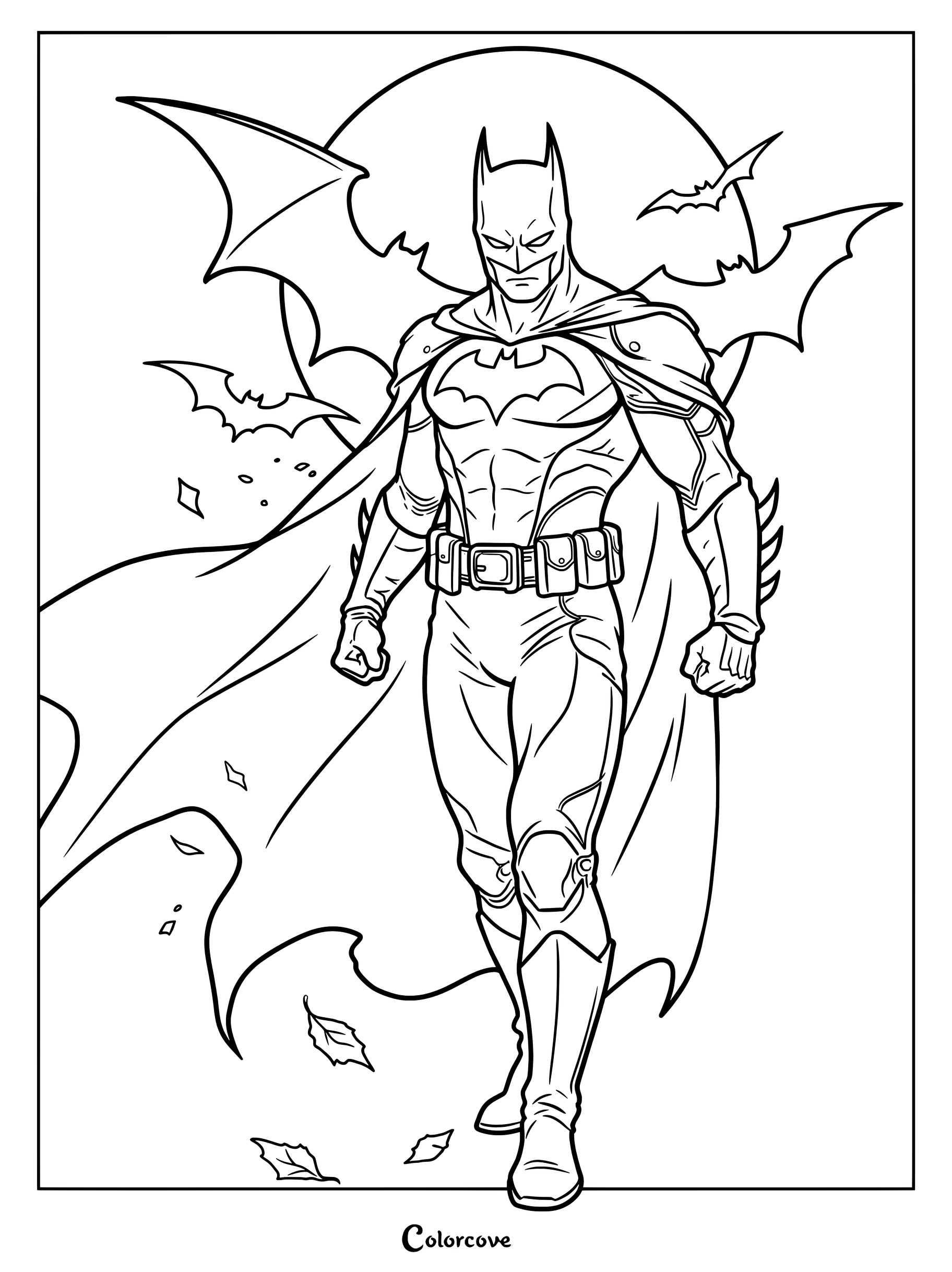 Coloriage de Batman montrant une illustration numérique artistique de Batman se tenant devant un grand cercle rouge avec des silhouettes de chauves-souris.