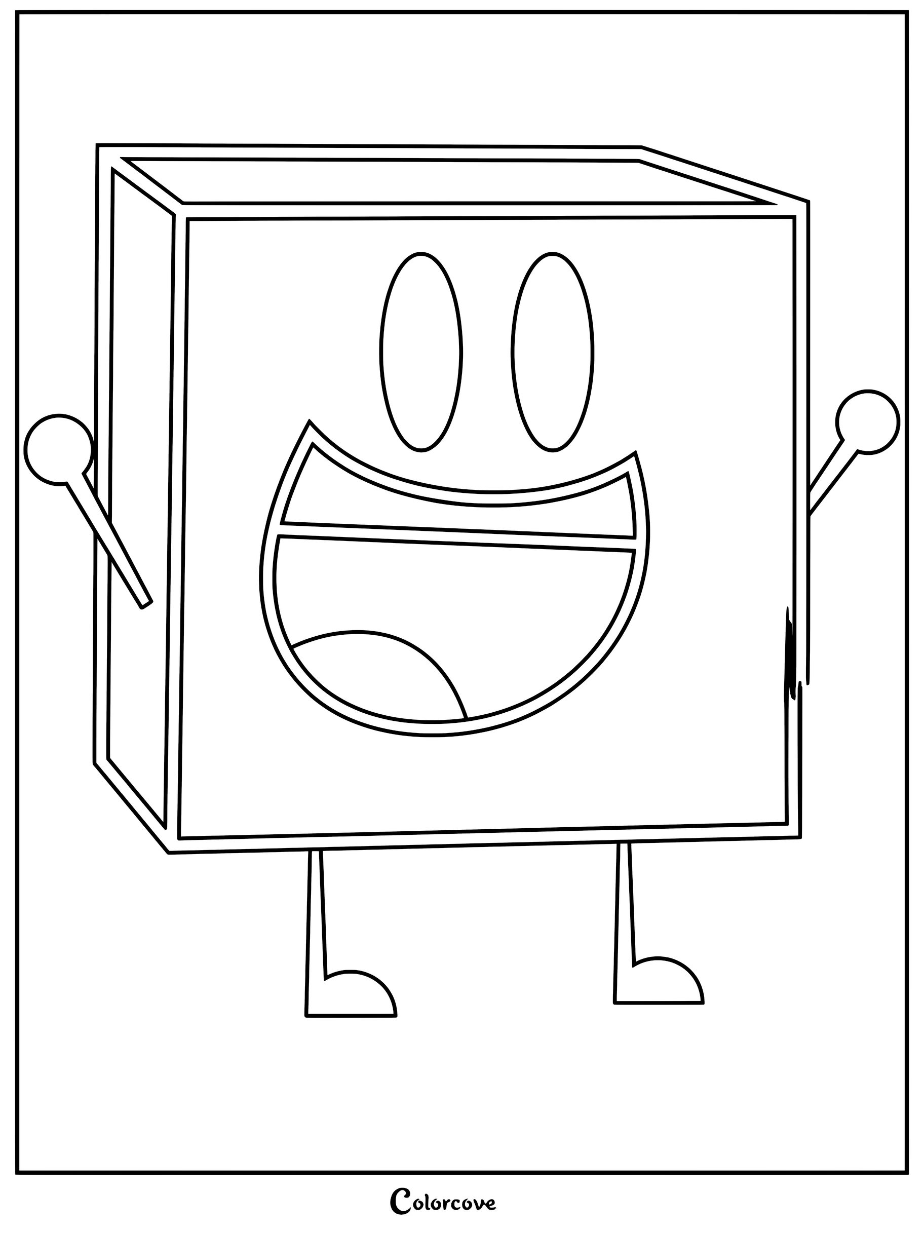 A printable coloring page featuring Blocky from Battle For Dream Island with a wide, happy smile and raised arms.