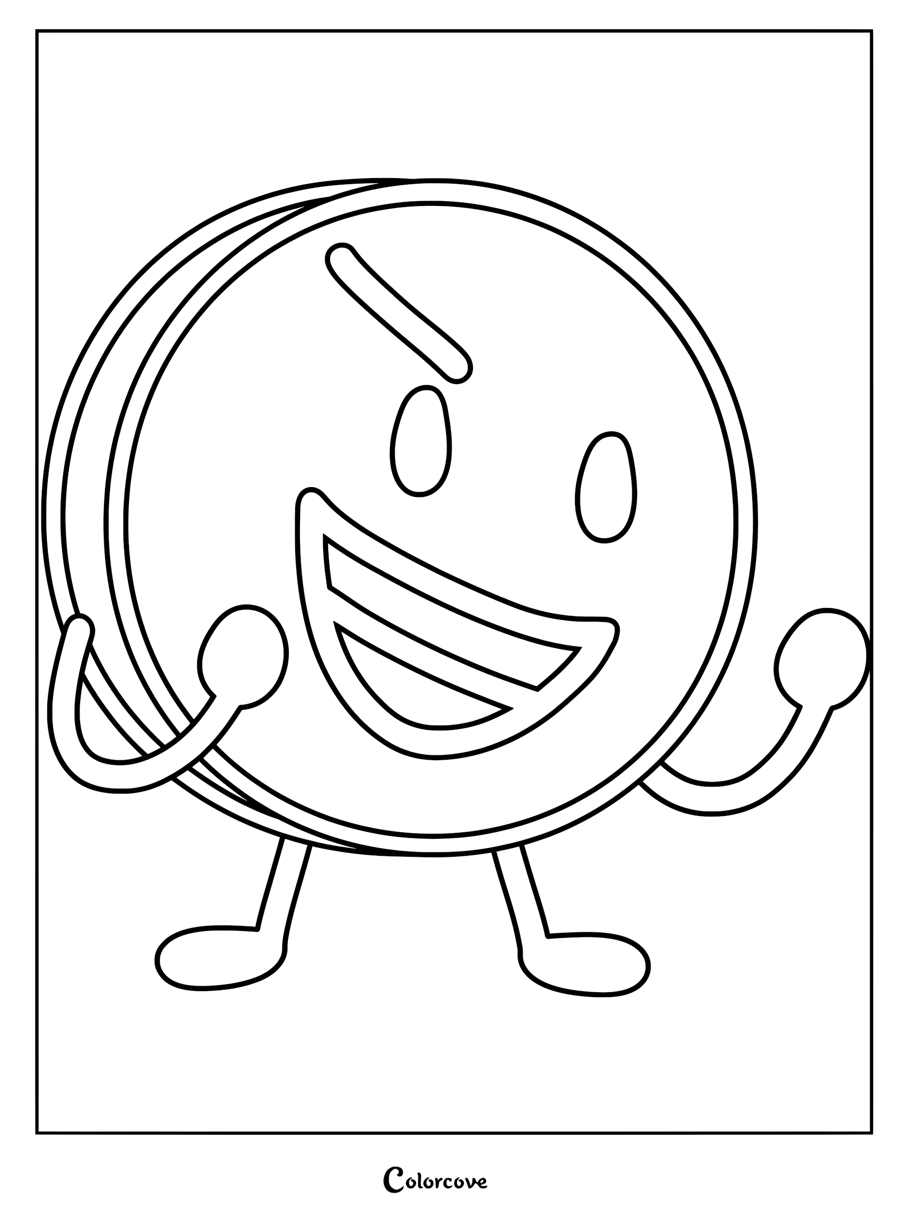 A printable coloring page featuring Coiny from Battle For Dream Island with a mischievous grin.
