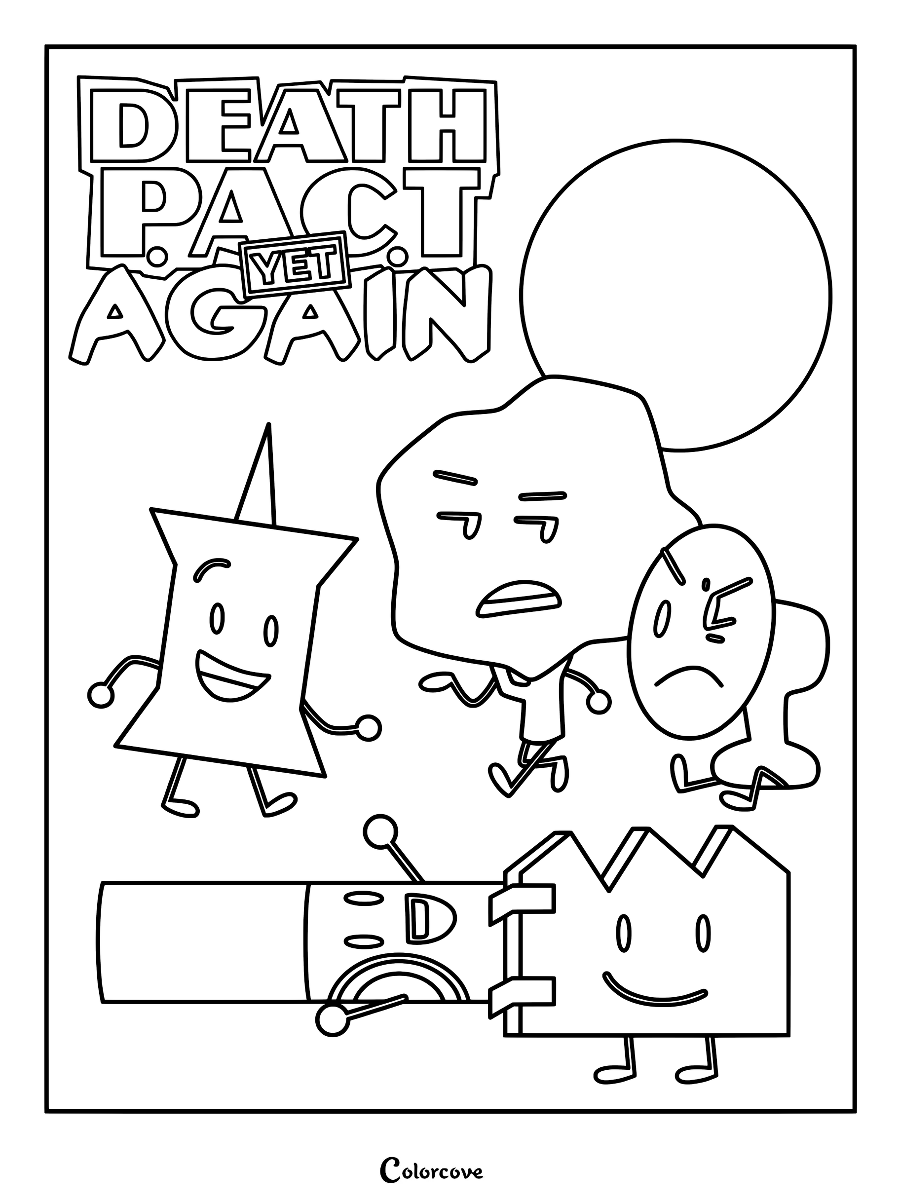 Death P.A.C.T. Yet Again coloring page featuring Pin, Tree, Fanny, Marker, and Black Hole characters.
