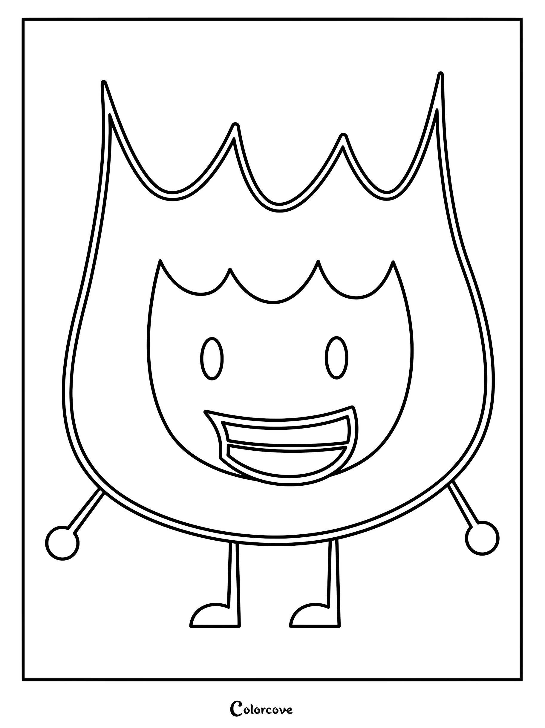 A simple line art coloring page of Firey from Battle For Dream Island with his signature flame shape and wide smile.
