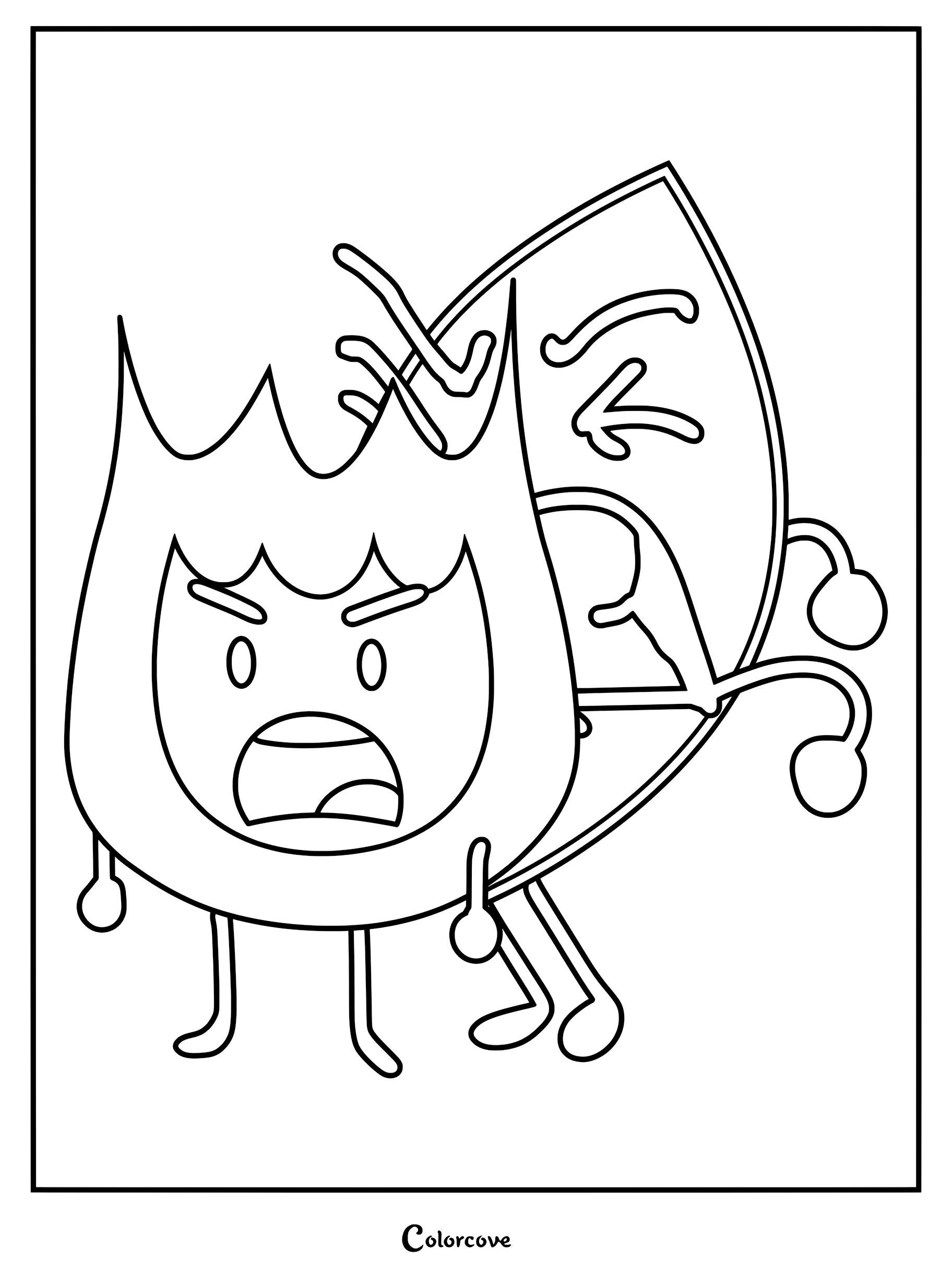 Firey and Leafy from Battle For Dream Island standing together in a line art coloring page.