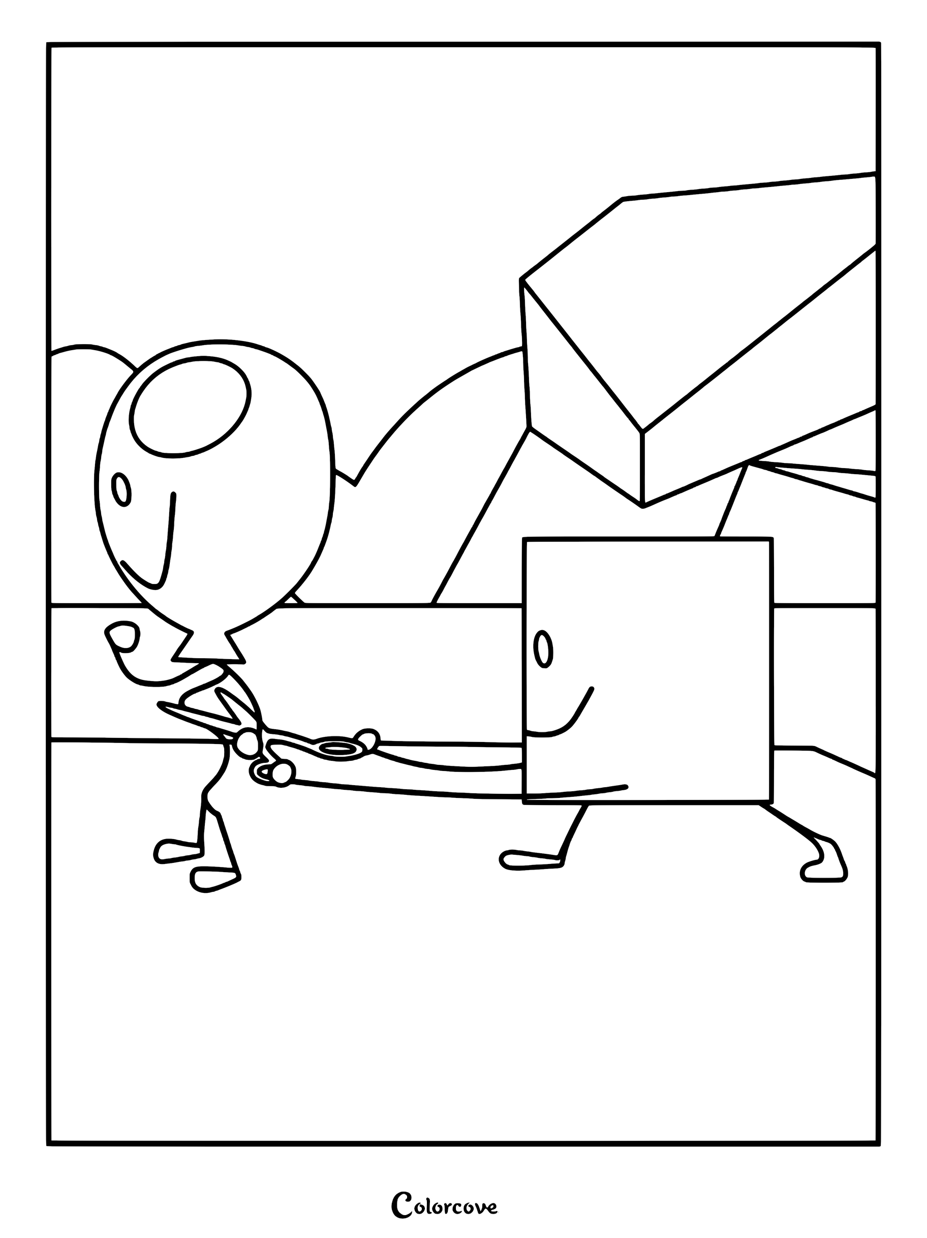 Battle For Dream Island coloring page featuring Blocky using scissors to cut Balloony.
