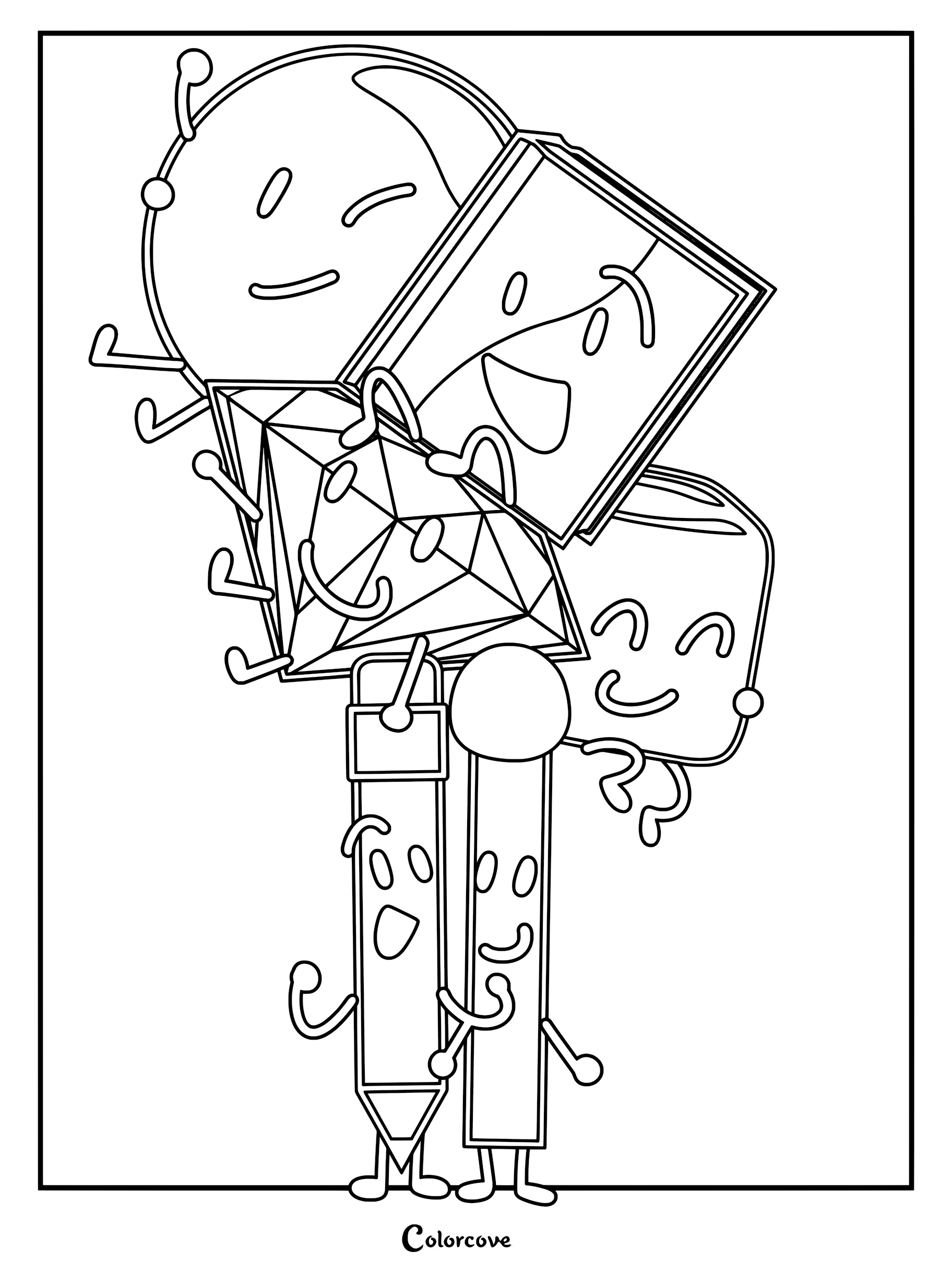 FreeSmart alliance coloring page featuring Pencil, Match, Bubble, Ruby, and Book from Battle For Dream Island posing together.